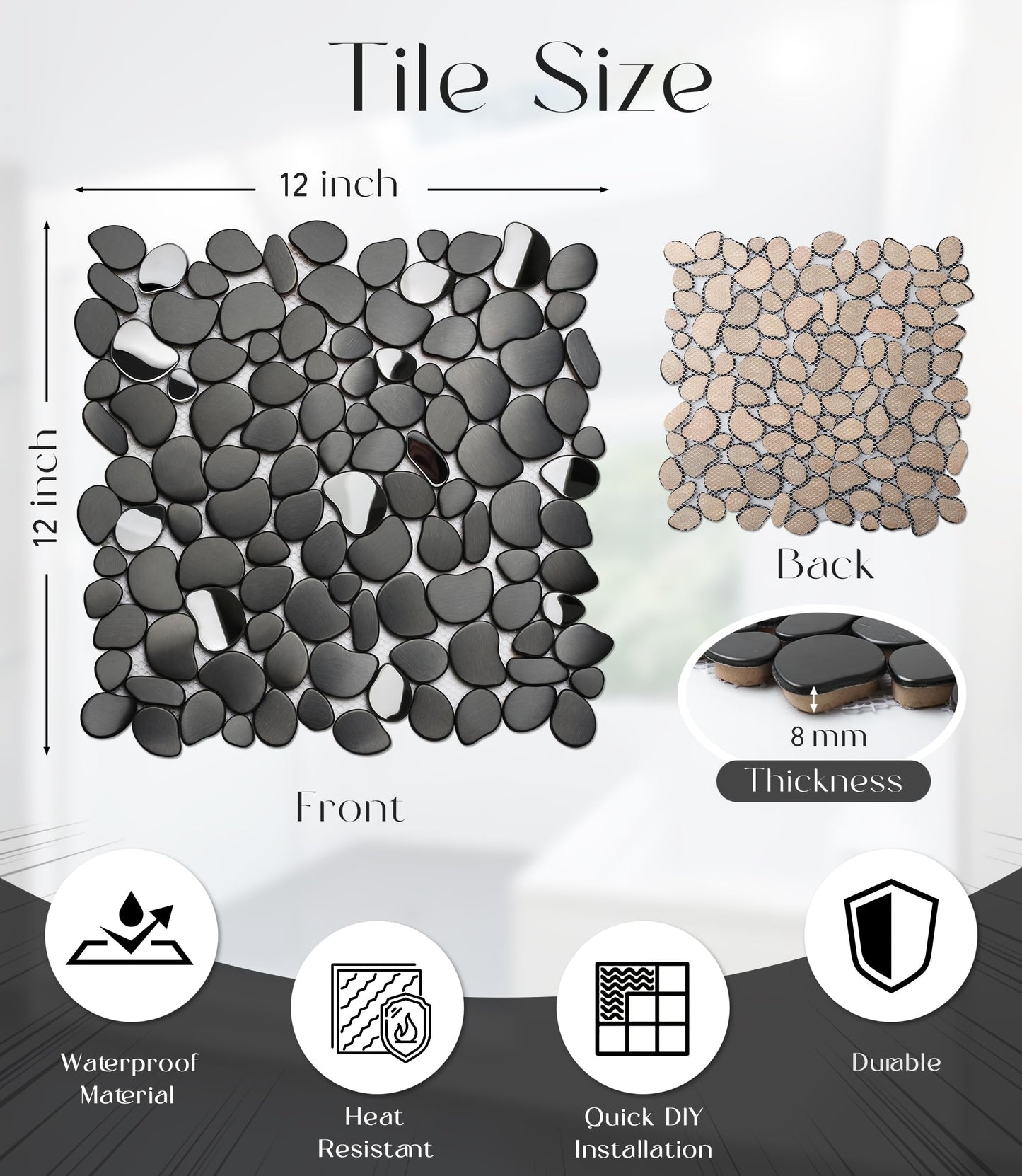 Primoon Black Tile Backsplash Pebble Tile Metal Mosaic Tiles for Kitchen Backsplash Bathroom Shower Floor【5 Sheets】