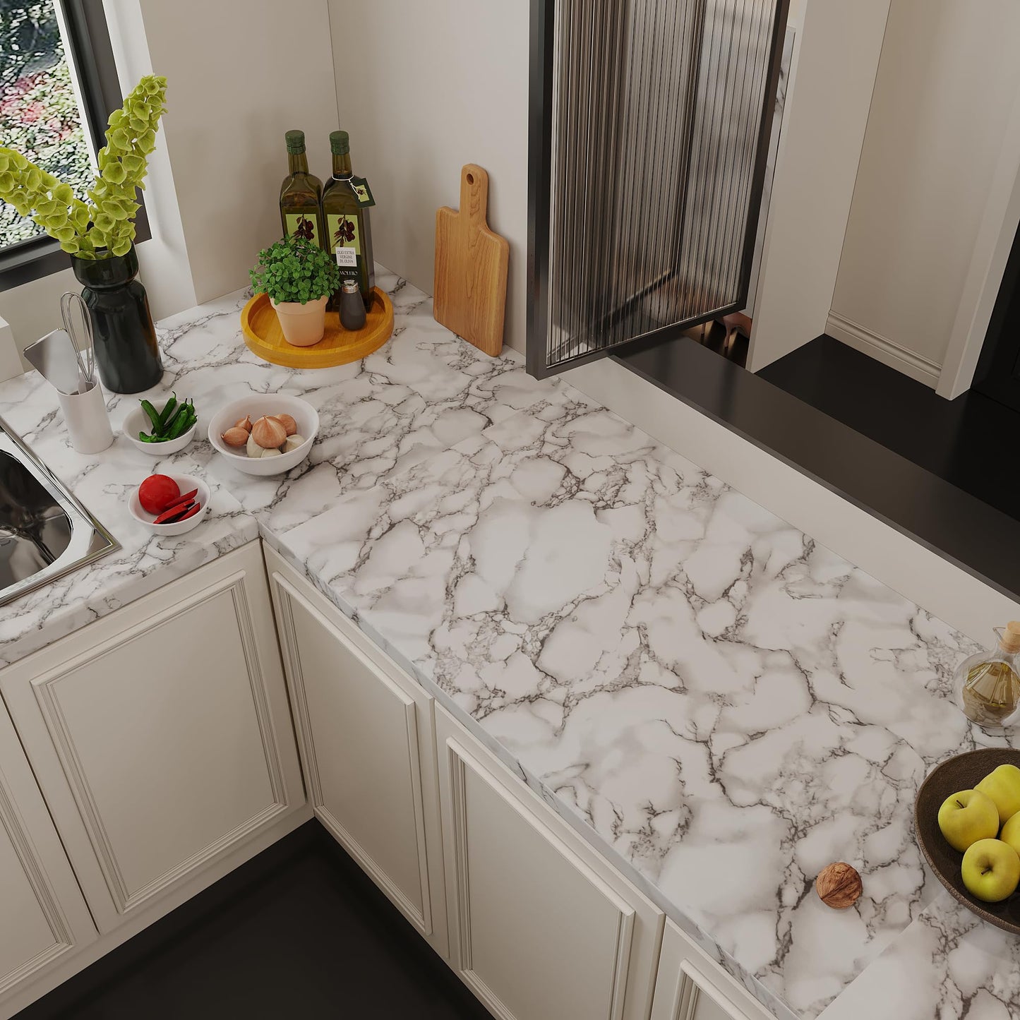 JSEVEM 16"×118" Grey White Marble Wallpaper Peel and Stick Waterproof Gray Marble Contact Paper Vinyl Wrap Glossy Textured Self Adhesive Granite DIY Tile Sticker for Kitchen Cabinets Table Countertops