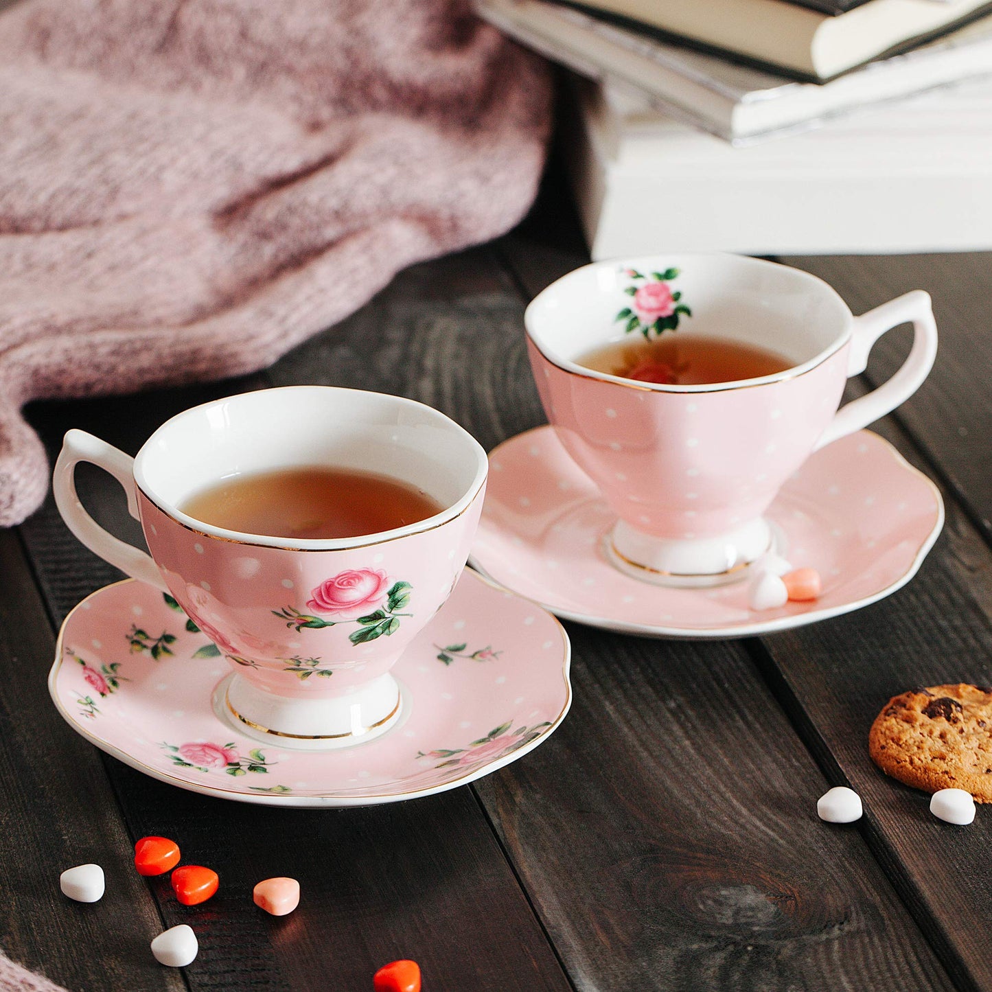 BTaT- Floral Tea Cups and Saucers, Set of 8, 8 oz, Fine Porcelain Teacup Set with Gold Trim for Afternoon Tea, Weddings, Parties & Gifting, Dishwasher Safe, Lightweight, Non-Toxic, Mothers Day Gift