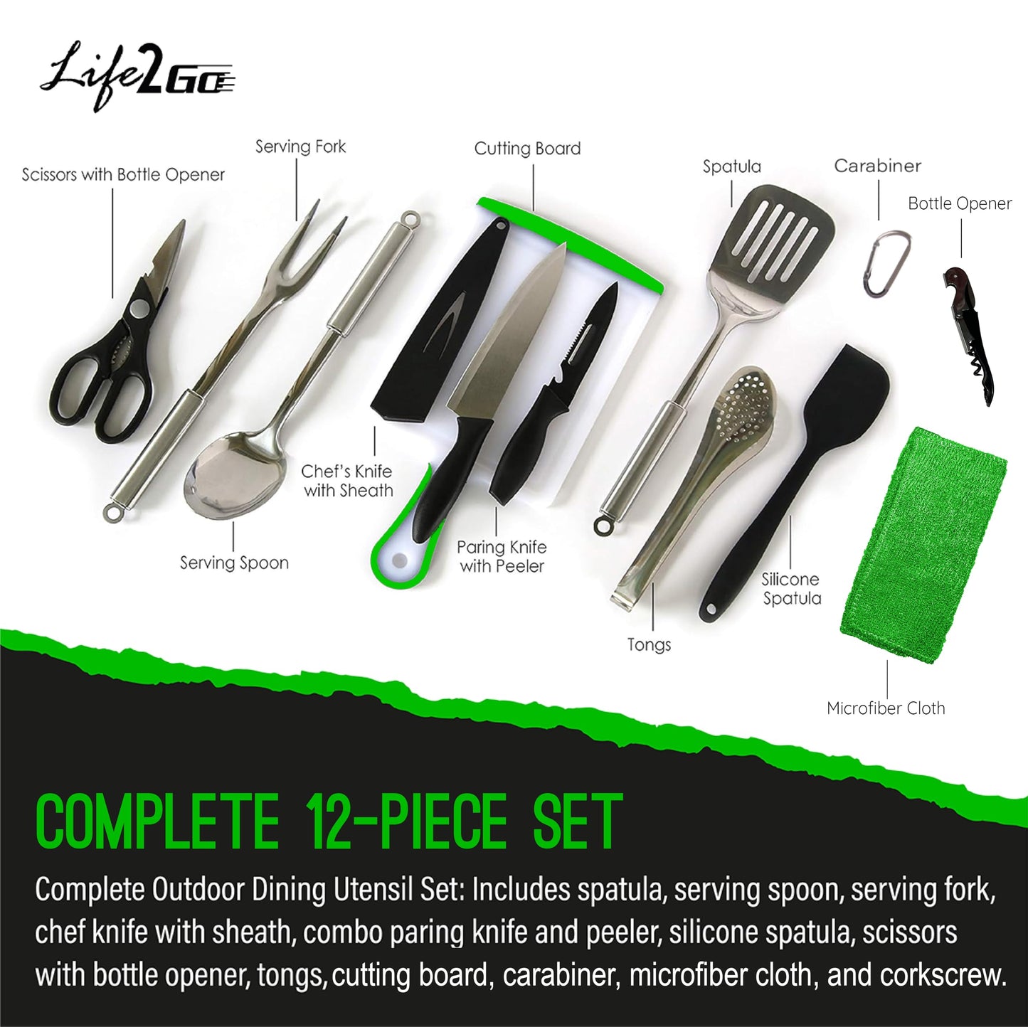 Life2Go 12 Piece Stainless Steel Camping Cooking Utensils Set, Portable Outdoor Kitchen Kit with Chef Knife, Tongs, Spatula, Scissors, Camp Cooking Gear with Carry Case for Hiking, BBQ & Travel, Gray