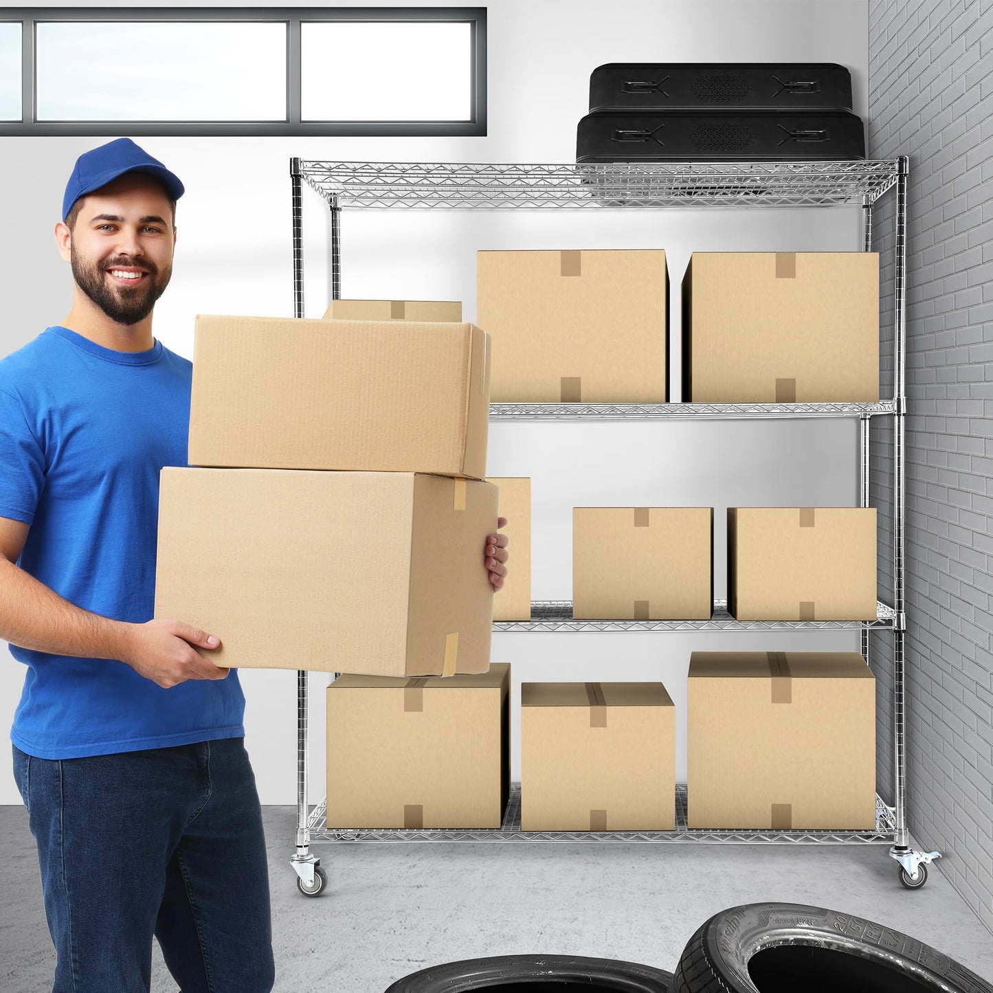 Rengue 60" W Storage Shelves with Wheels 4-Tier Heavy Duty Wire Shelving 72" H x 24" D Large Metal Storage Rack with Adjustable Garage & Pantry Shelves, 3200 LBS Commercial Grade, Chrome, Silver