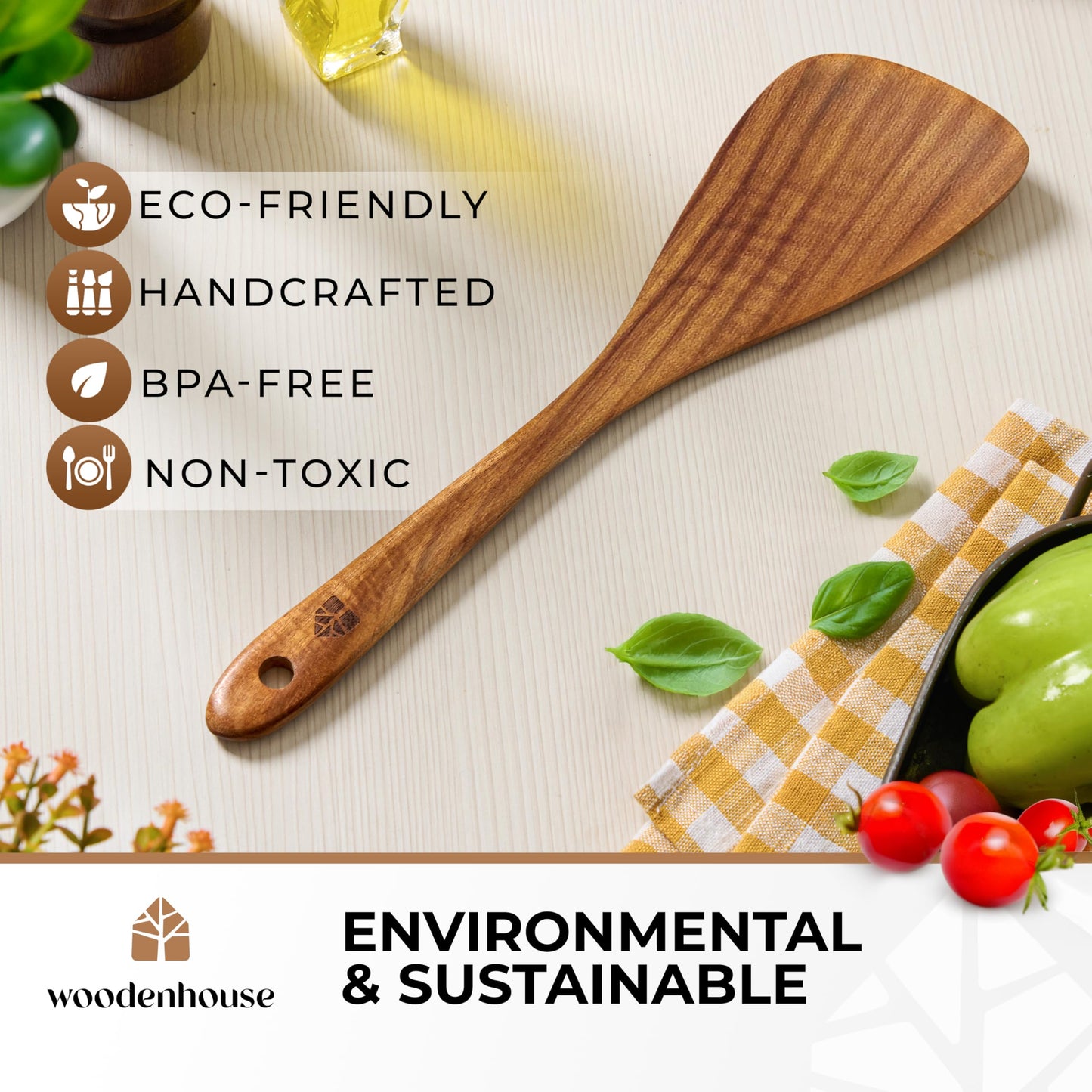 Wooden Spatula for Cooking, 12 Inch - Easy to Clean, Long-Lasting & Sturdy Natural Acacia Wood Spatula for Cooking - Wooden Spatulas with Comfortable Handle, Perfect for Flipping, Turning & Frying
