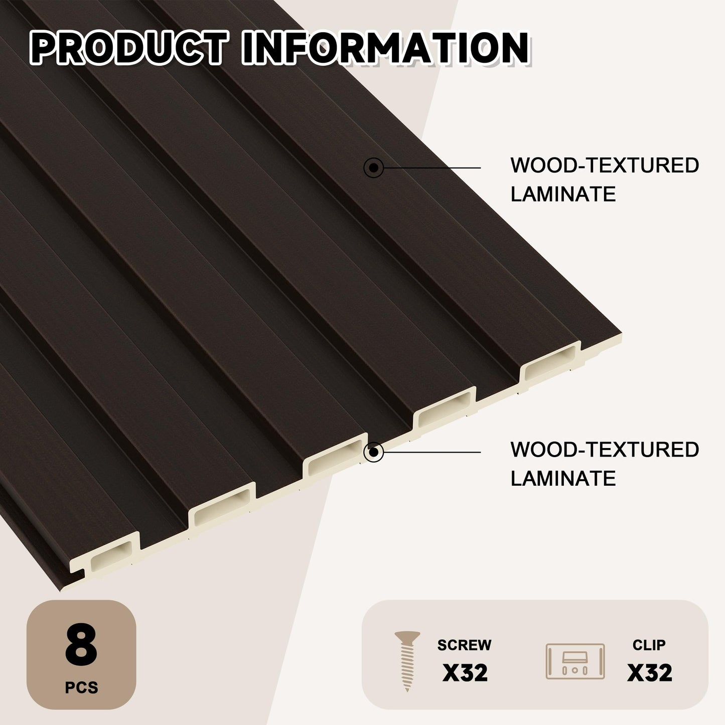 POHARE Slat Wall Paneling,8-Pack 3D WPC Wood Wall Panels,Acoustic Wall Panels for Interior Wall Decor,Living Room,Bedroom,Black Brown,95 x 6 in