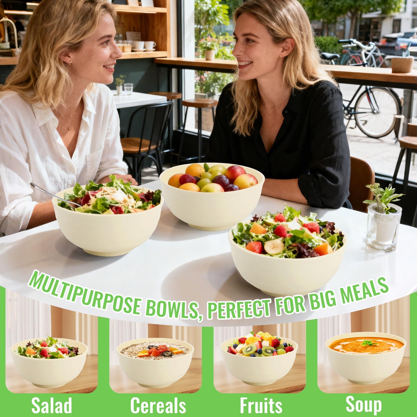Perlapoc Large Wheat Straw Bowls Set of 6, 60 OZ Unbreakable Serving Bowls, Microwave Safe & Dishwasher Safe, Perfect for Salad, Fruit, Cereal, Soup, Ramen, Family Meals, Beige