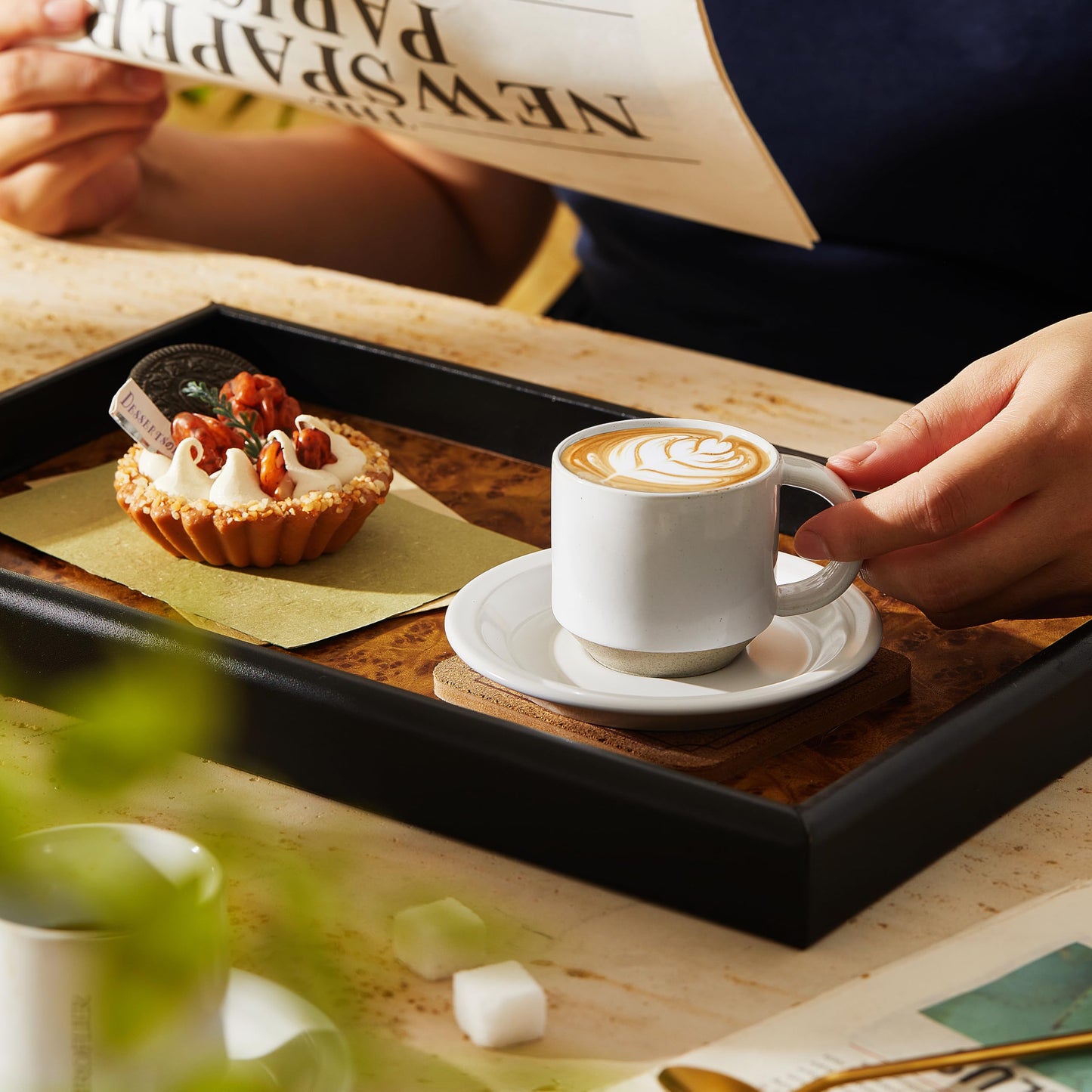 Giroflier Oak Espresso Cups Set of 4, 3 oz Demitasse Cups, Modern Style, Microwave & Dishwasher Safe (Snow)