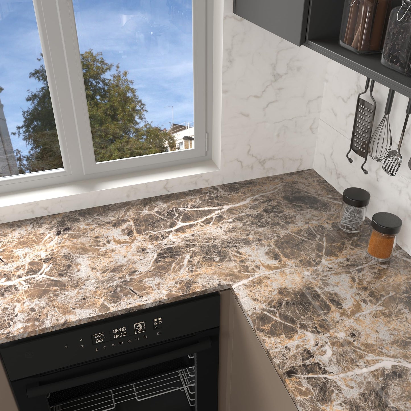 JSEVEM 16"×394" Thick Brown White Marble Wallpaper Peel and Stick Waterproof Brown Marble Contact Paper Vinyl DIY Faux Granite Furniture Tile Stickers for Kitchen Bedroom Walls Bathroom Countertops