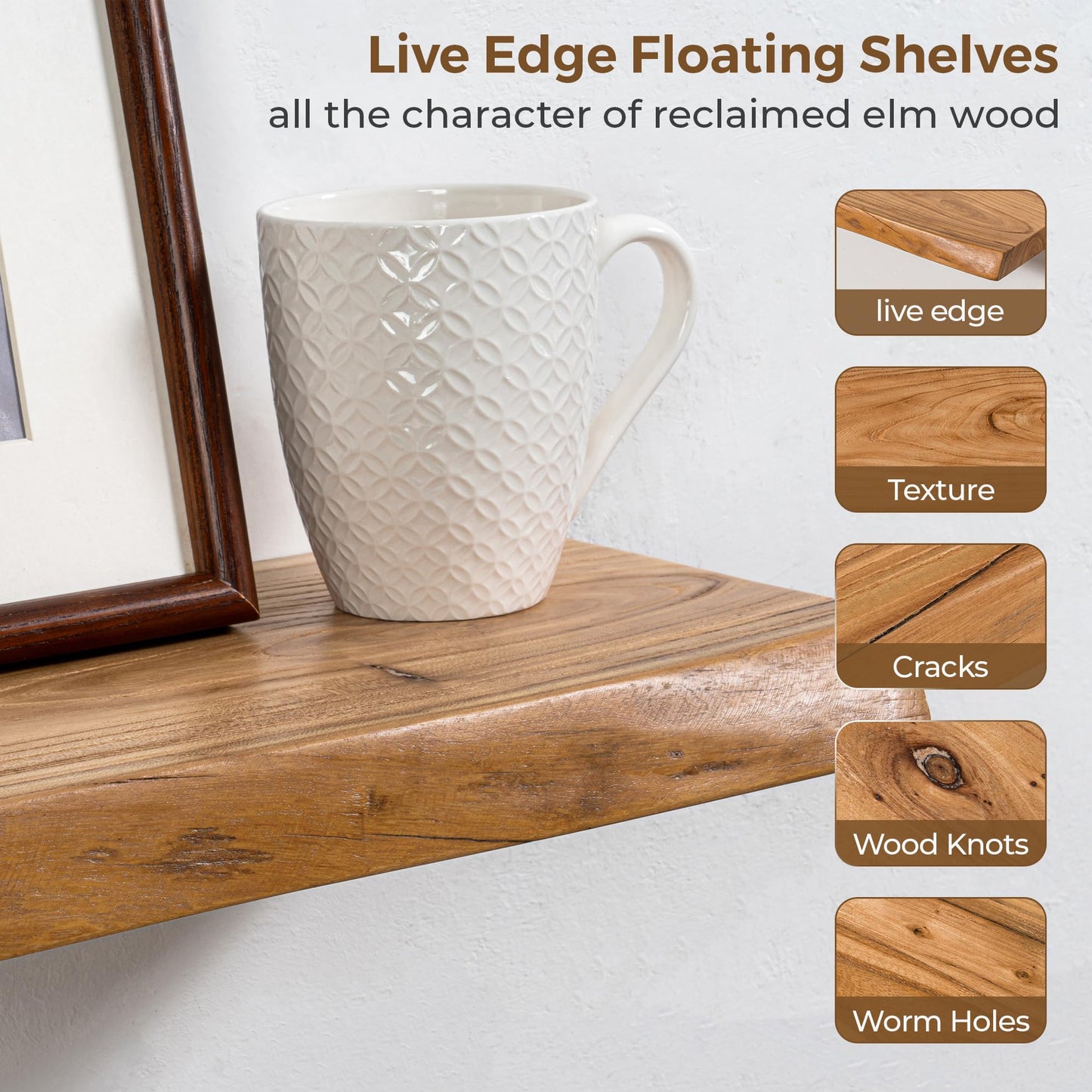 Axeman 30 inch Floating Shelves for Wall - 8'' D Live Edge Rustic Solid Elm Wood Floating Shelves Wall Mounted, Wall Shelves with Invisible Bracket for Living Room Bedroom Kitchen, Set of 2 Natural