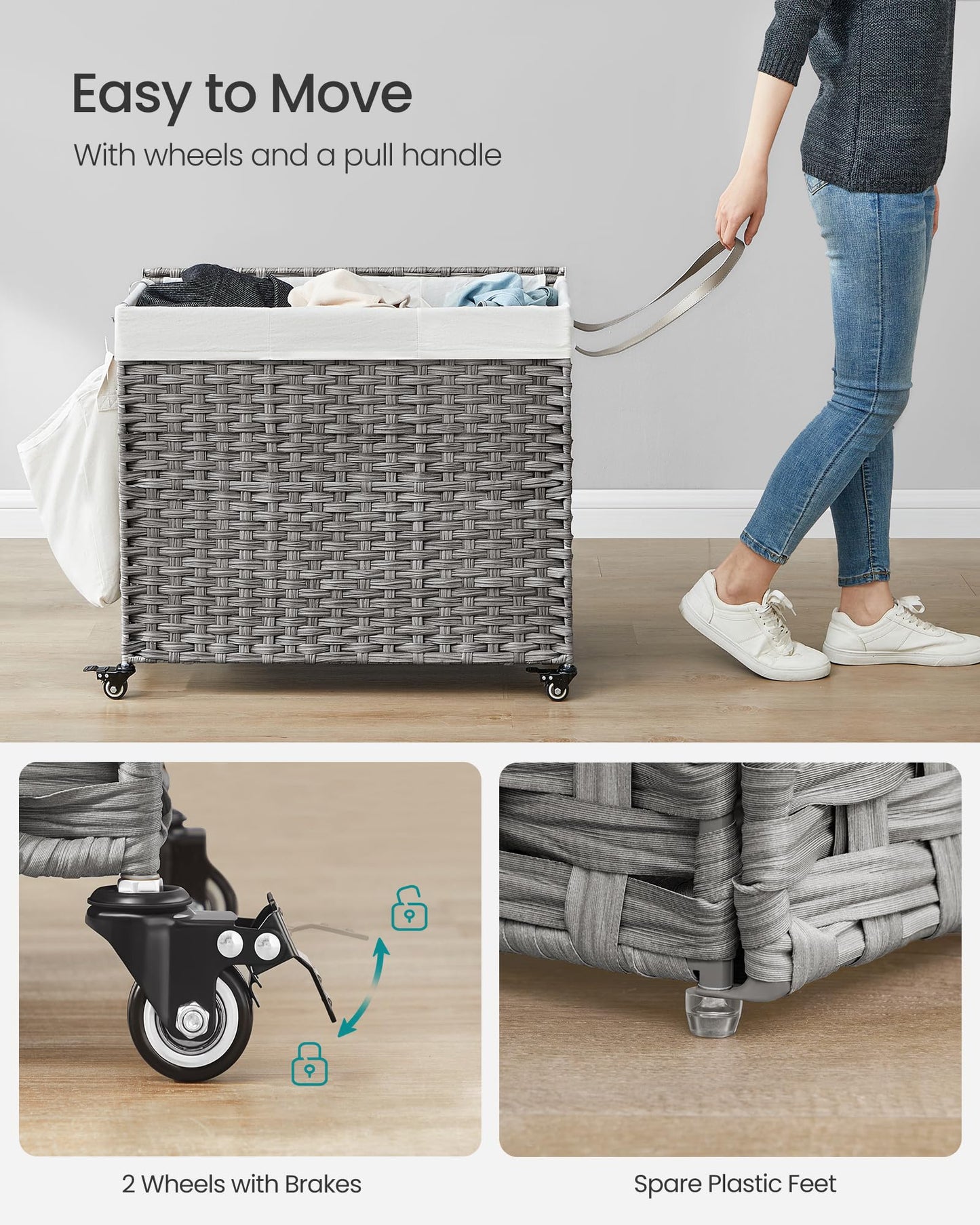 SONGMICS Laundry Hamper with Lid, 42.3 Gallons (160 L), Rolling Laundry Basket with Wheels, 3-Section Synthetic Rattan, Removable Liner, Bedroom, 29.9 x 13 x 26 Inches, Gray ULCB365G01