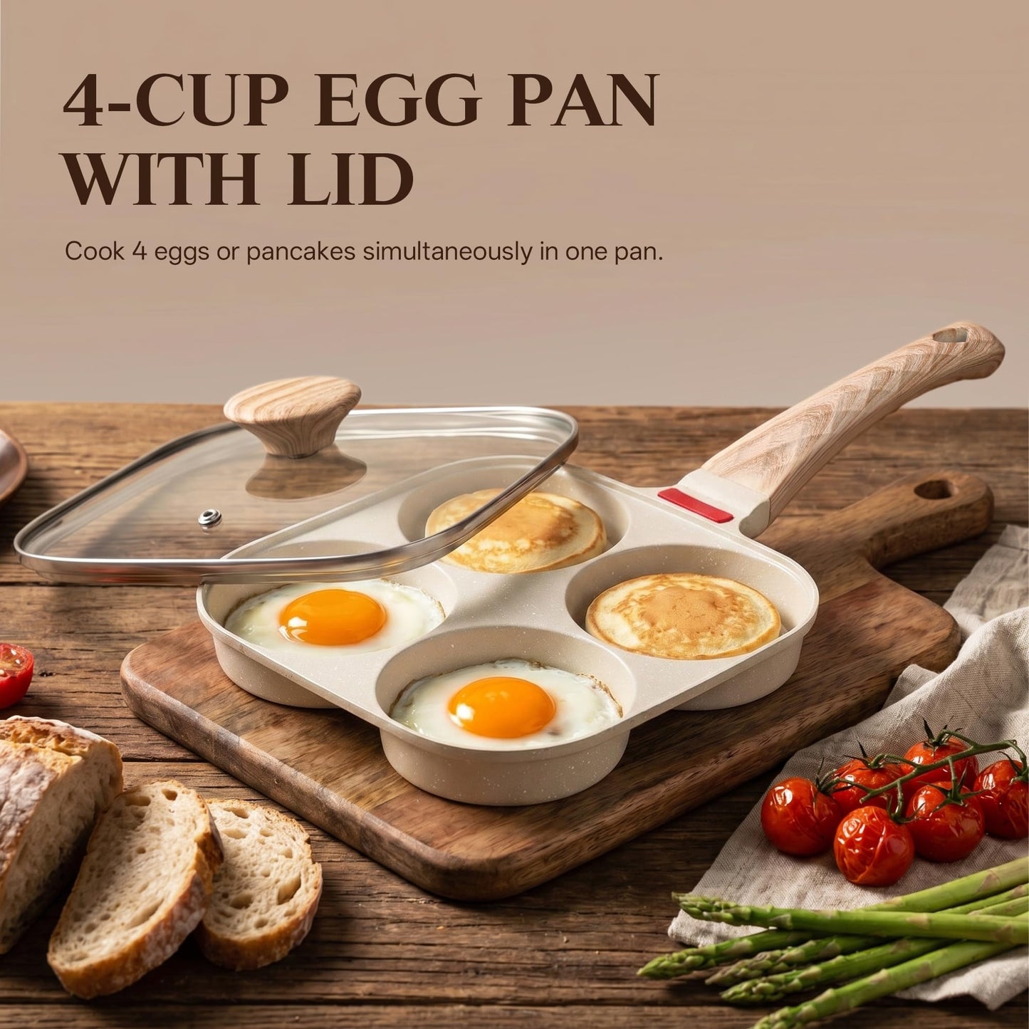 Foorey Home Egg Pan 4 Cup Nonstick Frying Omelette Pan with Lid for Breakfast Skillet for Eggs Pancake with 1 Spatula 1 Brush White