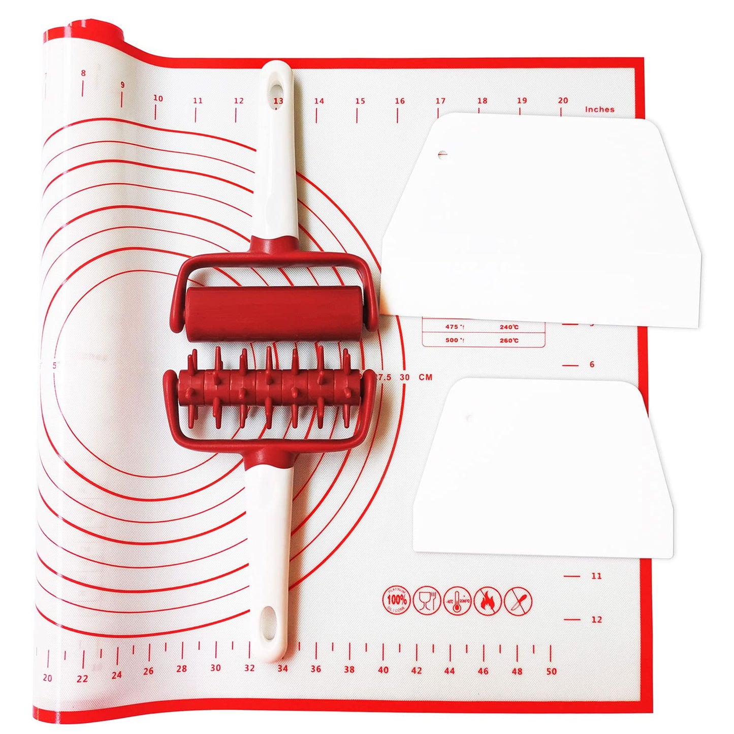 5 pcs Pizza Tools Set incl Dough Roller and Docker and Silicone Pastry Dough Mat and Dough Scraper Cutter Time-Saver Dough Tools Set (5 pcs)