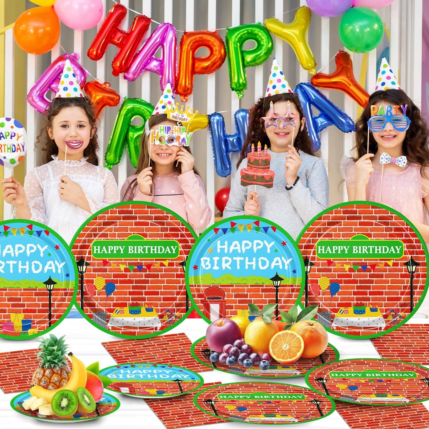 168pcs Red Brick Wall Street Birthday Party Supplies Plates Napkins Paper Cups Disposable Tableware Set Modern Cartoon Street Party Decorations for Kids Boys Birthday Decor Serves 24