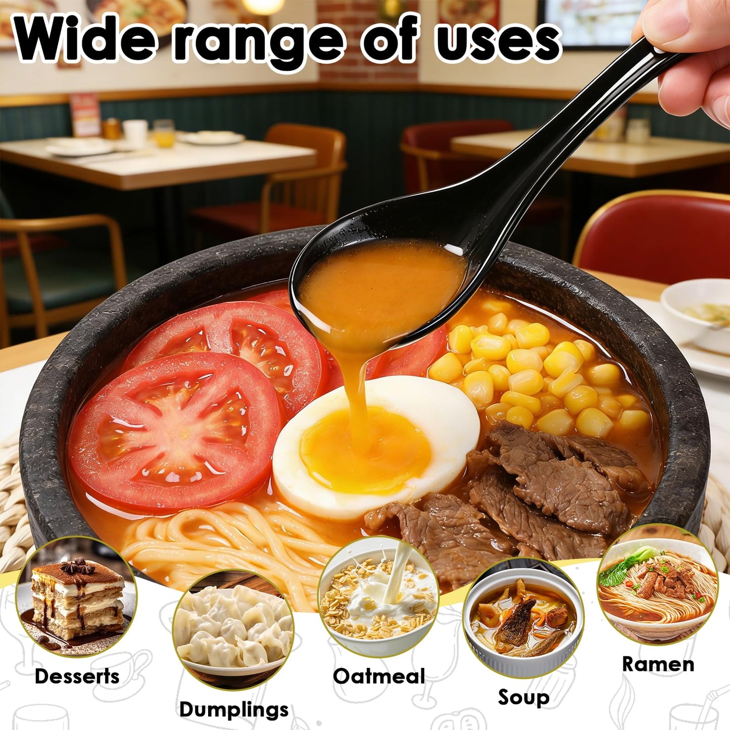 PUREZON 6 PCS Asian Soup Spoons, 6.55 inch Black Kitchen Spoons, Ceramic Deep Oval Hook Design, Chinese Ramen Spoon for Dumpling, Noodles, Miso