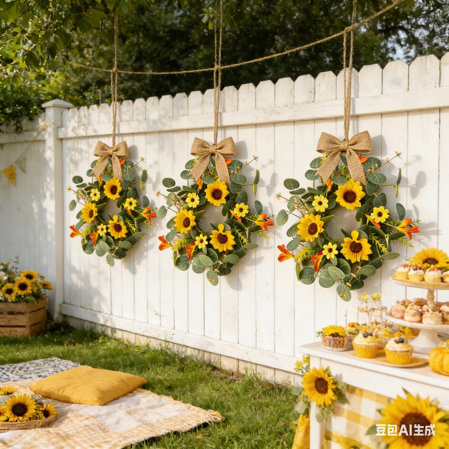 6 Pcs Summer Sunflower Mini Hanging Wreaths for Cabinets Artificial Small Candle Ring Wreaths with Daisy Flower and Eucalyptus Leaves for Home Kitchen Front Door Window Farmhouse Porch Wall Decor