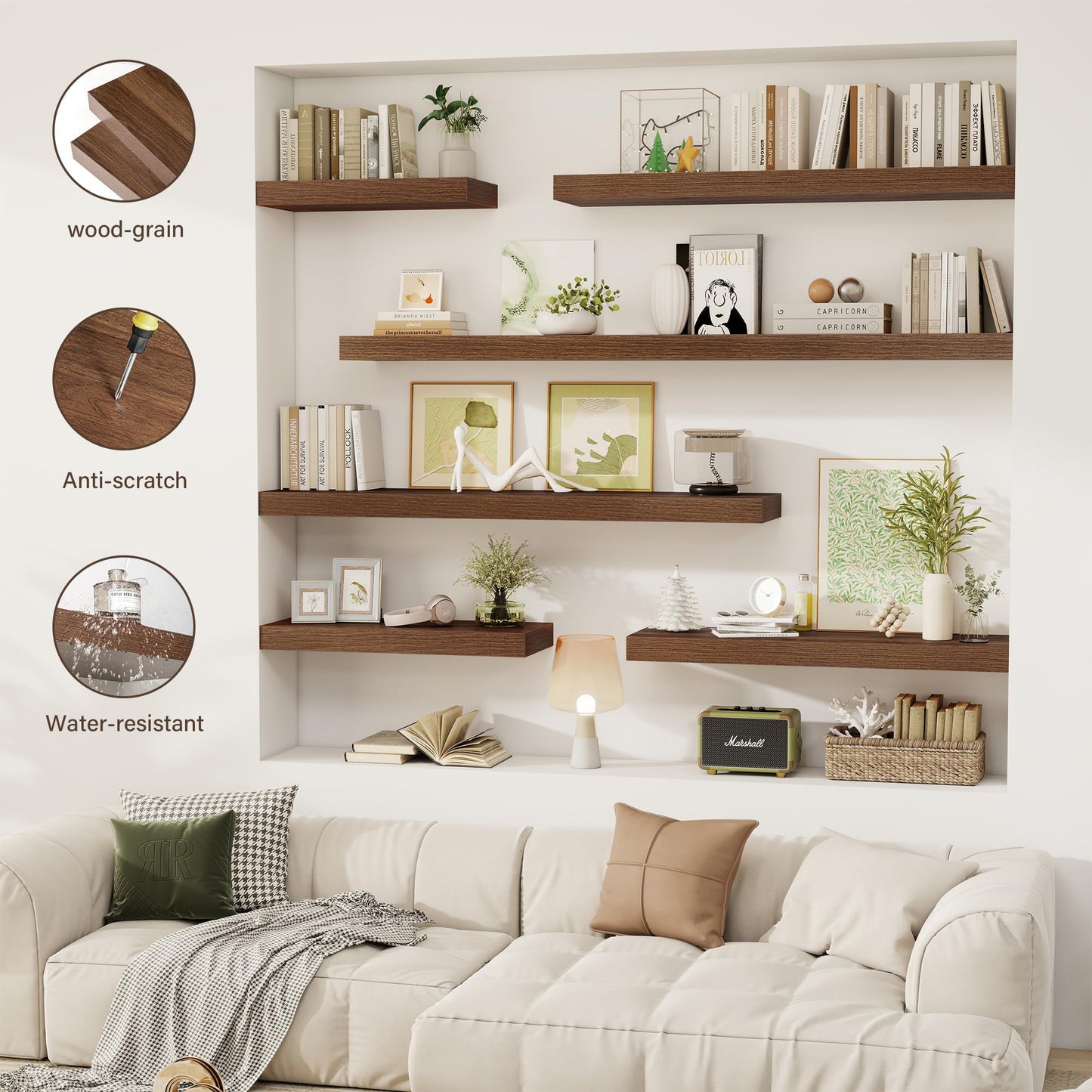 Acovy 72 Inch Floating Shelves, 12" Deep Floating Shelf Wall Mounted, 72" Wall Shelves, Rustic Deep Bookshelf, Extra Deeper & Thicker Display Shelves for Bedroom, Living Room, Walnut, Set of 1