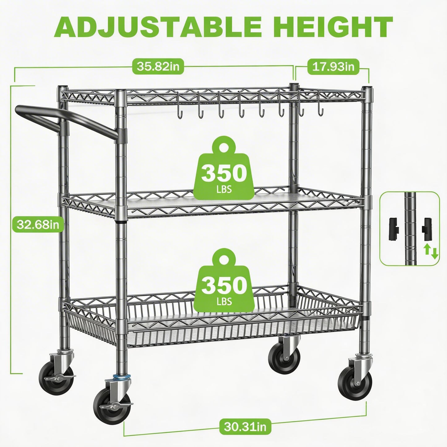Rolling Utility Metal Carts with Wheels Heavy Duty 1050Lbs Commercial Grade 3 Tier Wire Serving Cart with Handle Bar & Shelf Liner, Storage Trolley for Kitchen Laundry Garage,Gray