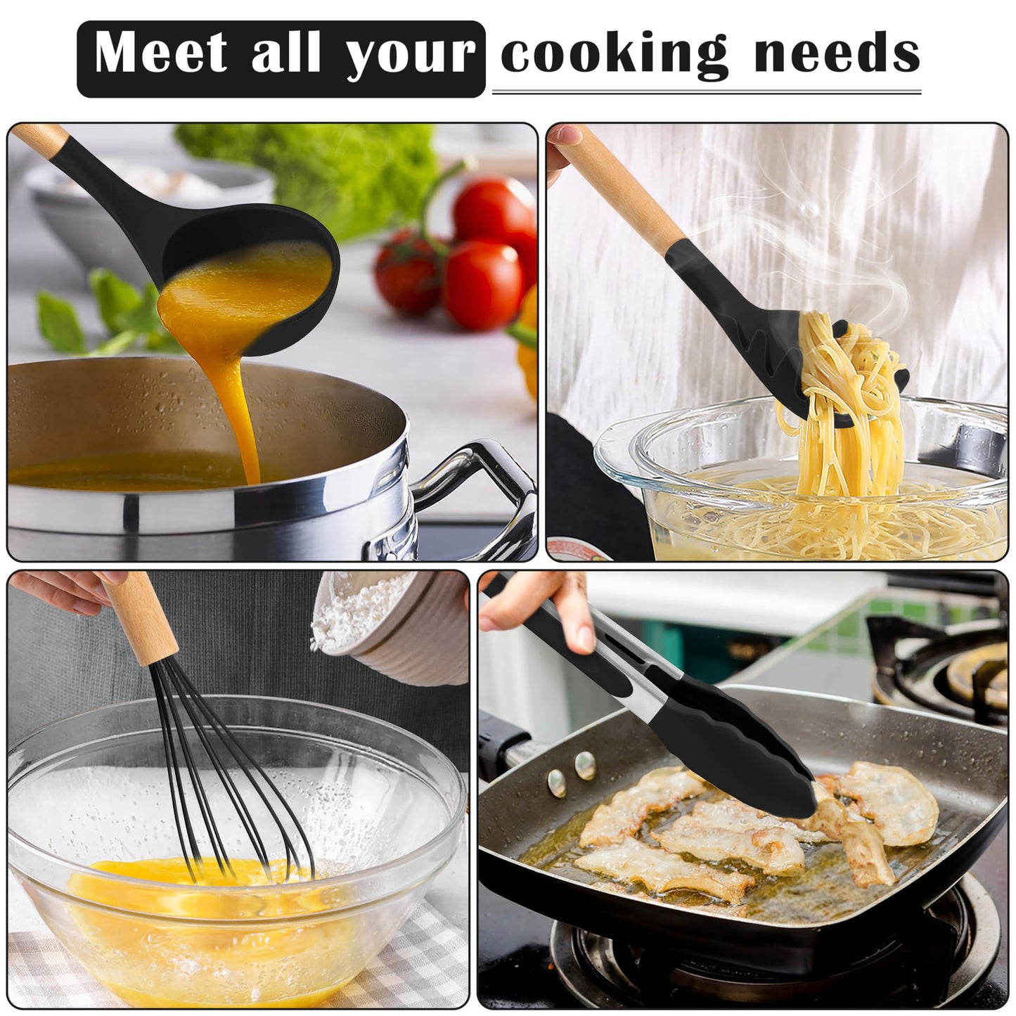 E-far Silicone Cooking Utensils Set, 10-Piece Black Kitchen Utensils Set with Wooden Handle for Nonstick Cookware, Heat Resistant Kitchen Nonstick Tools Spatula Whisk Tongs Ladle, Non-toxic & Healthy