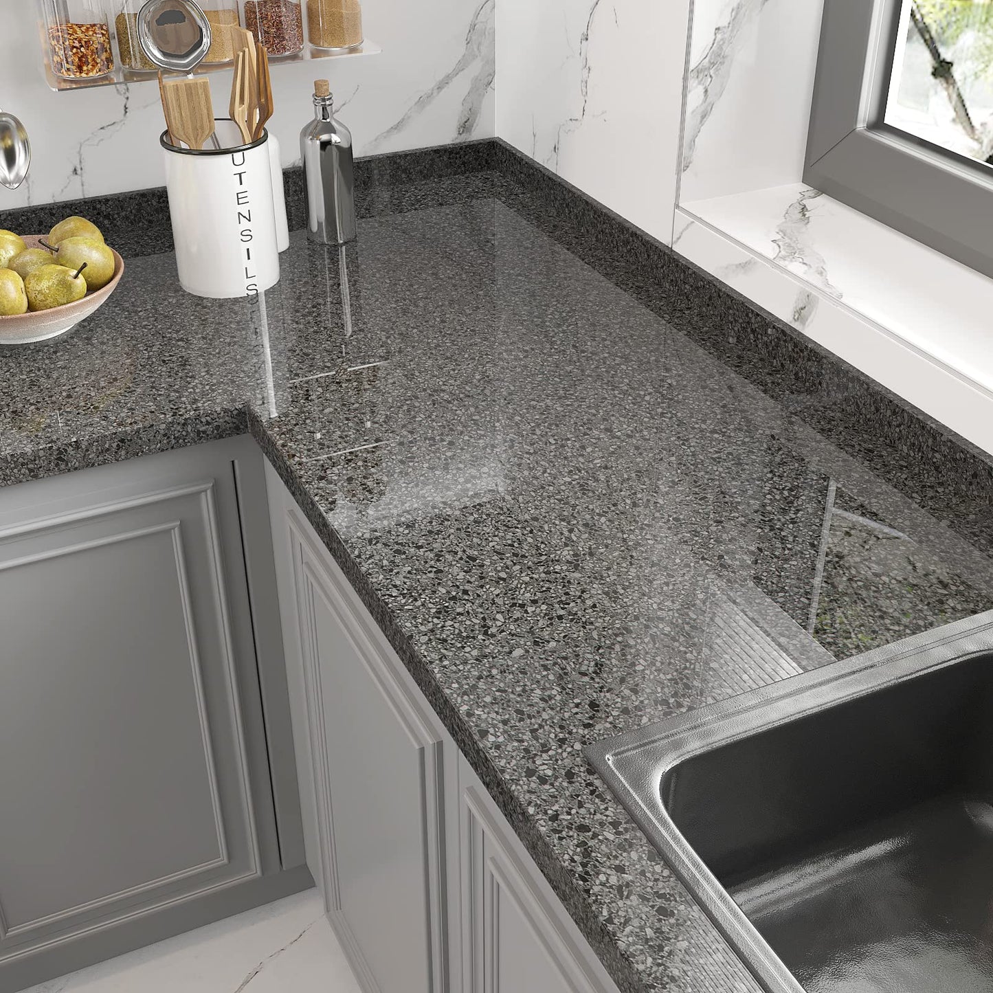 VEELIKE Dark Granite Contact Paper for Countertops Waterproof Peel and Stick Countertops Marble Contact Paper 354''x32'' Wide Marble Wallpaper Peel and Stick Countertop Paper for Kitchen Bathroom Desk