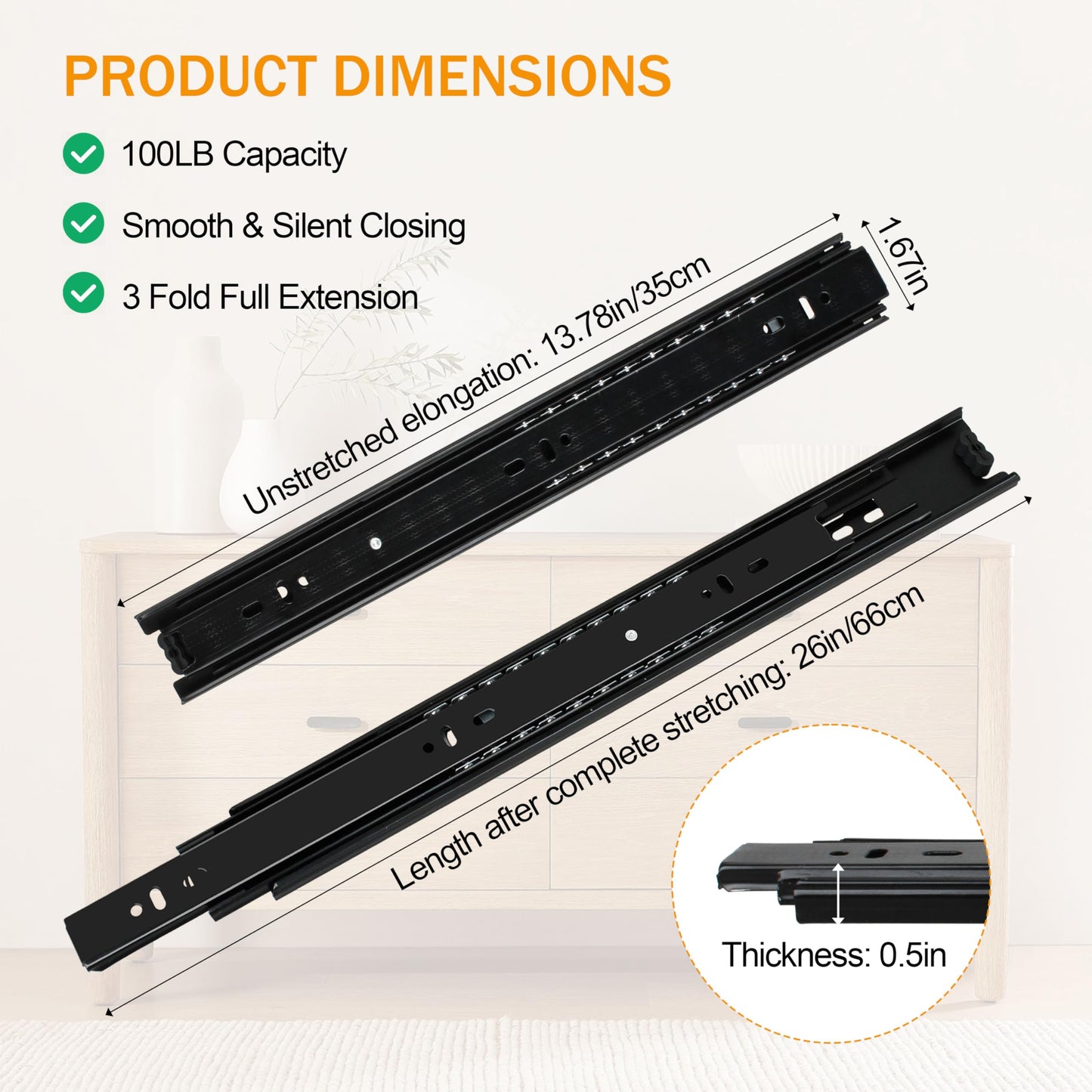 2 Pairs of 14 Inch Duty Drawer Slides,Cabinet Slides 3-Section Full Extension Ball Bearing Side Mount,for Dresser, Cabinet, Kitchen 100 LB Capacity