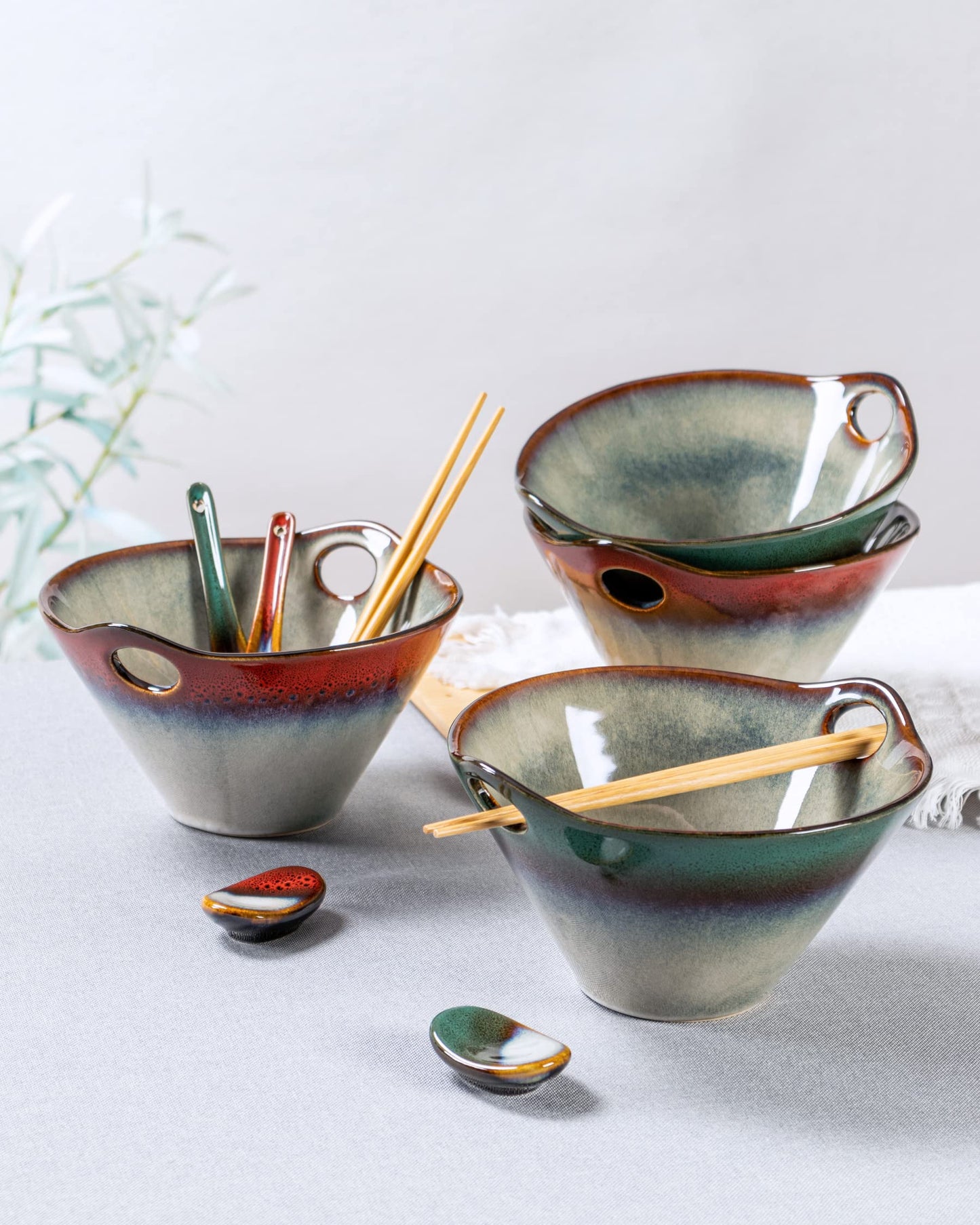 HENXFEN LEAD Japanese Ramen Noodle Bowl Set of 2-30 Oz Large Porcelain Salad Bowls with Chopsticks, Soup Spoons and Rests, Kitchen Serving Dishes for Pho, Udon - Reactive Green