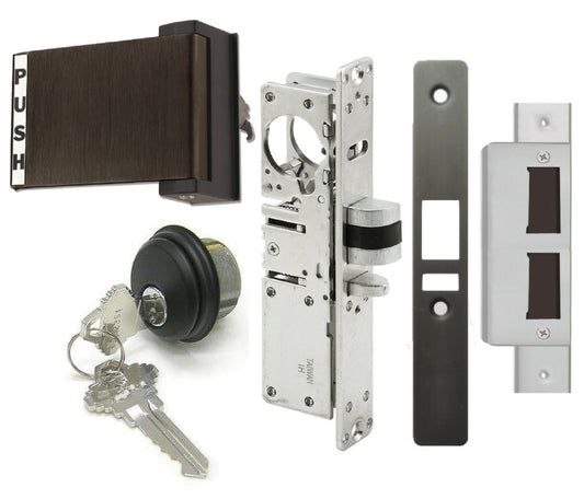 Adams Rite Style Deadlatch Storefront Door Set - Push Paddle Exit, Deadlatch Bolt, with Mortise Lock Cylinder & Two Keys, Durable, Polished Finish, Duronotice Bronze, Left Hand, 1-1/8" Backset
