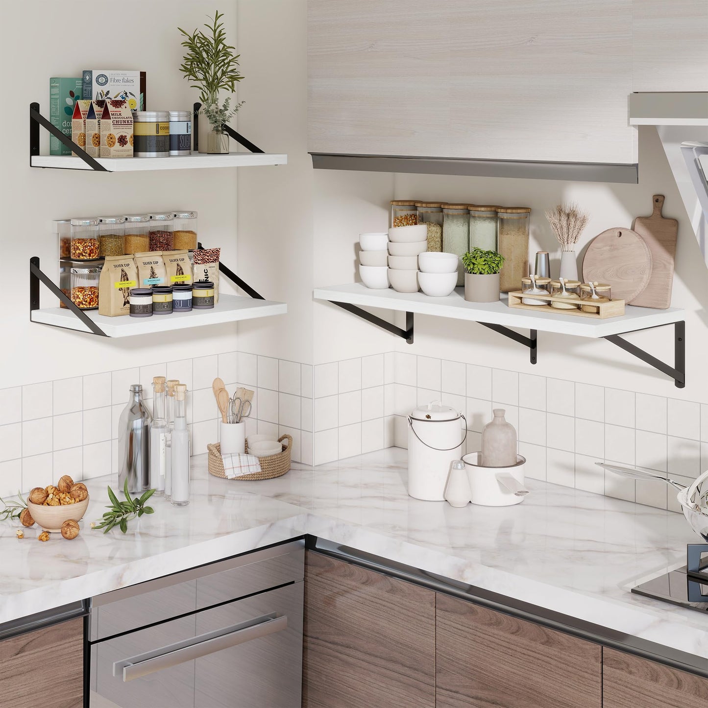 Deep Wall Shelves 30"W x 12"D Engineered Wood Floating Shelves for Wall, Sturdy Metal Bracket Bookshelves Home Decor Storage for Living Room Bedroom Bathroom Kitchen, Set of 2, White Finish