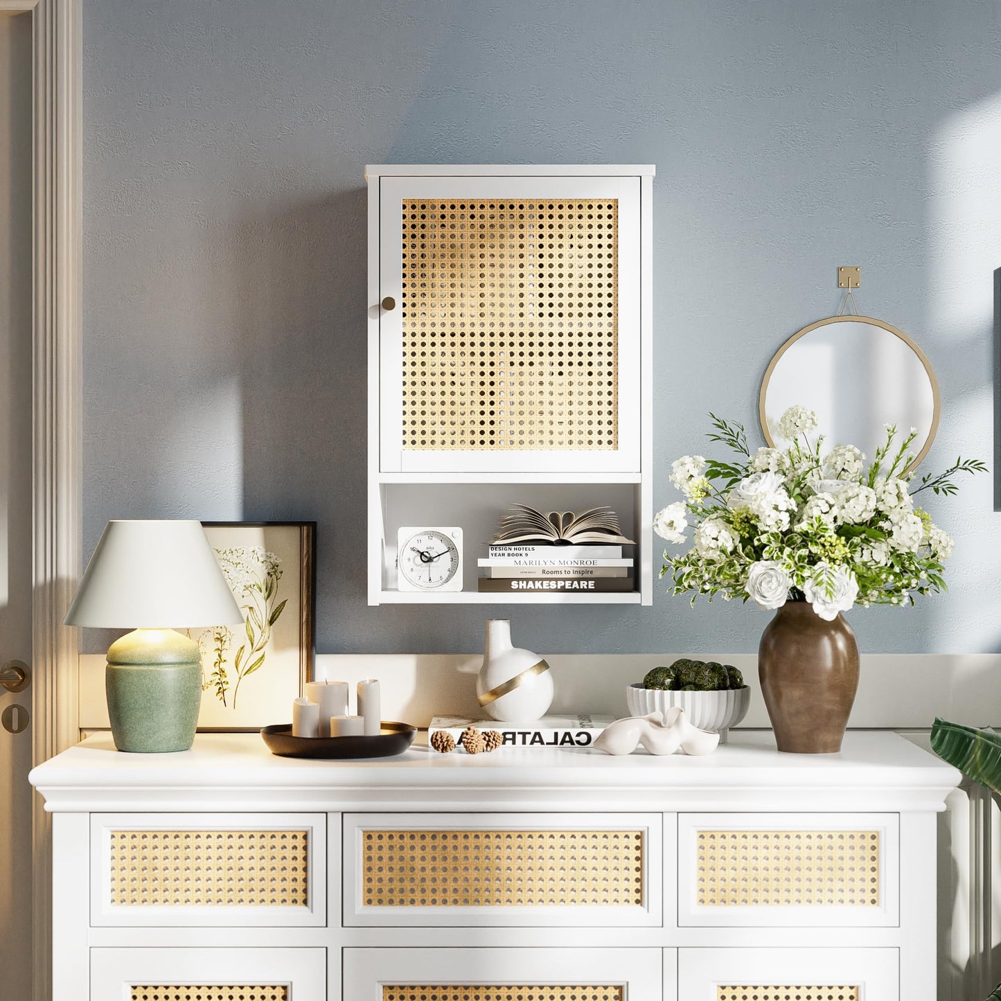 vovala Bathroom Wall Cabinet, Bamboo Over-The-Toilet Storage Organizer with Rattan Doors and Adjustable Shelf, Space Saver Medicine Cabinet for Laundry, Kitchen, Living Room (White)