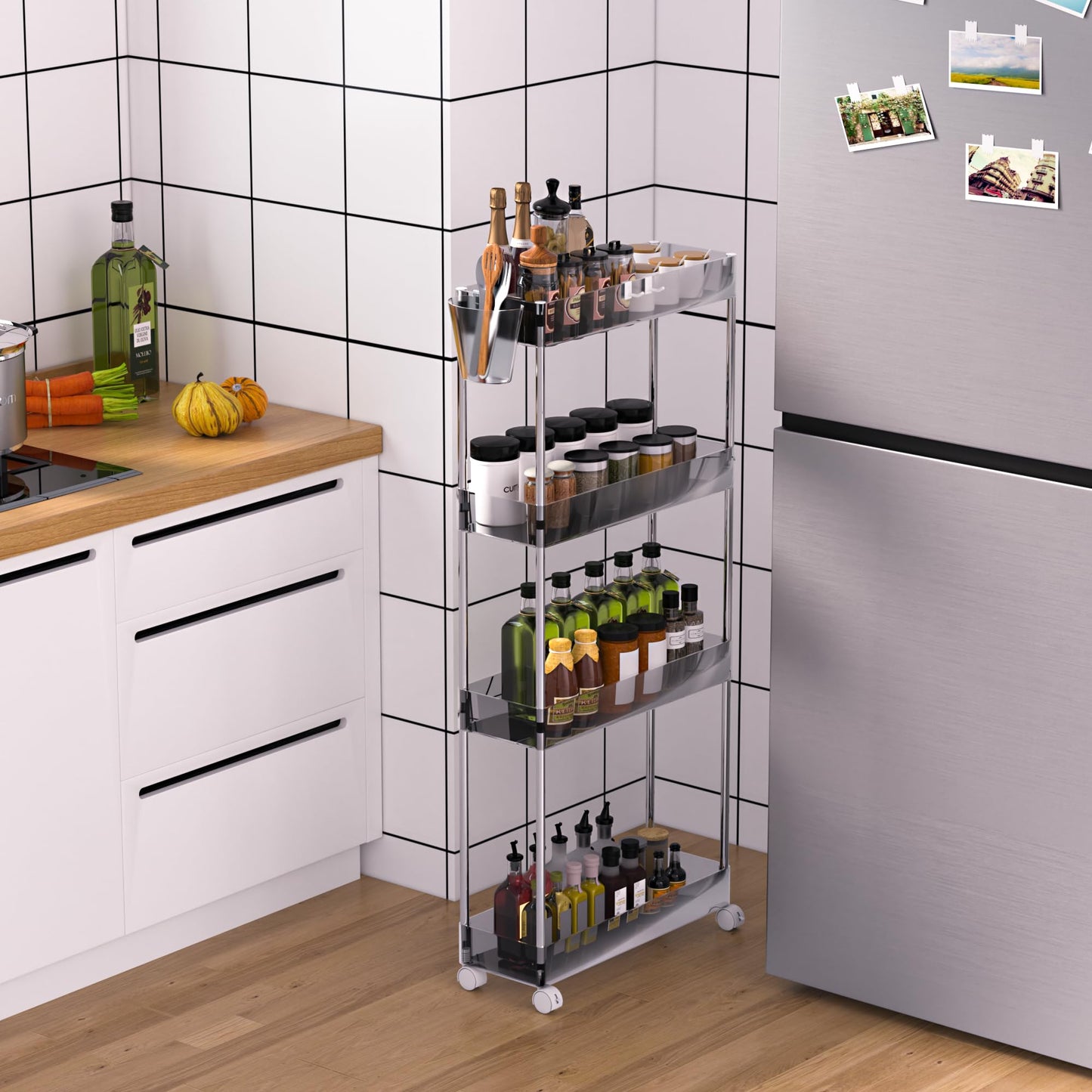 VECELO Acrylic 4-Tier Rolling Cart, Slim Utility Cart for Storage, Mobile Storage Cart with Lockable Wheels Hooks&Bucket for Office,Kitchen,Laundry Room Bathroom Living Room, Clear