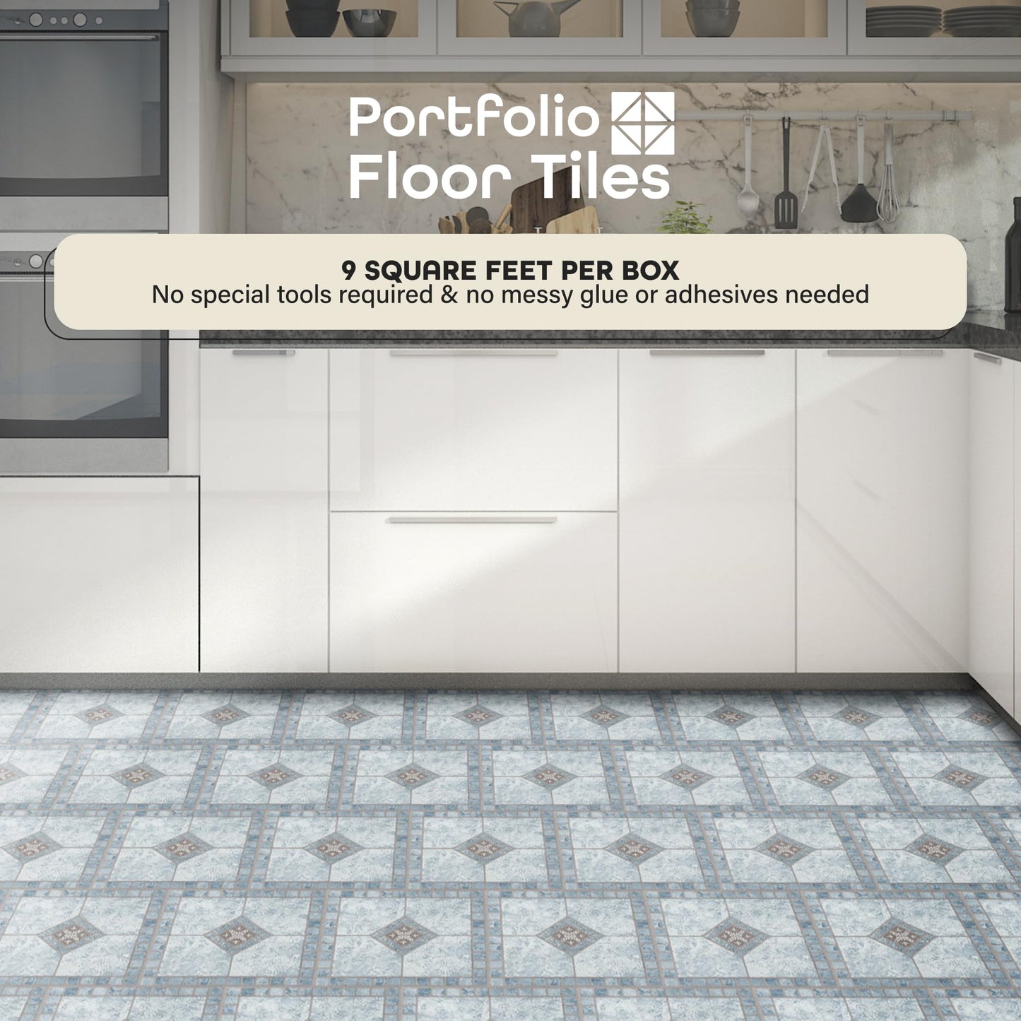 Achim Imports VFT940POVR Home Furnishings Portfolio 12x12 2.0mm Self Adhesive Vinyl Floor, Blue Diamond, 9 Tiles/9 sq. ft, 12 x 12, 9 9