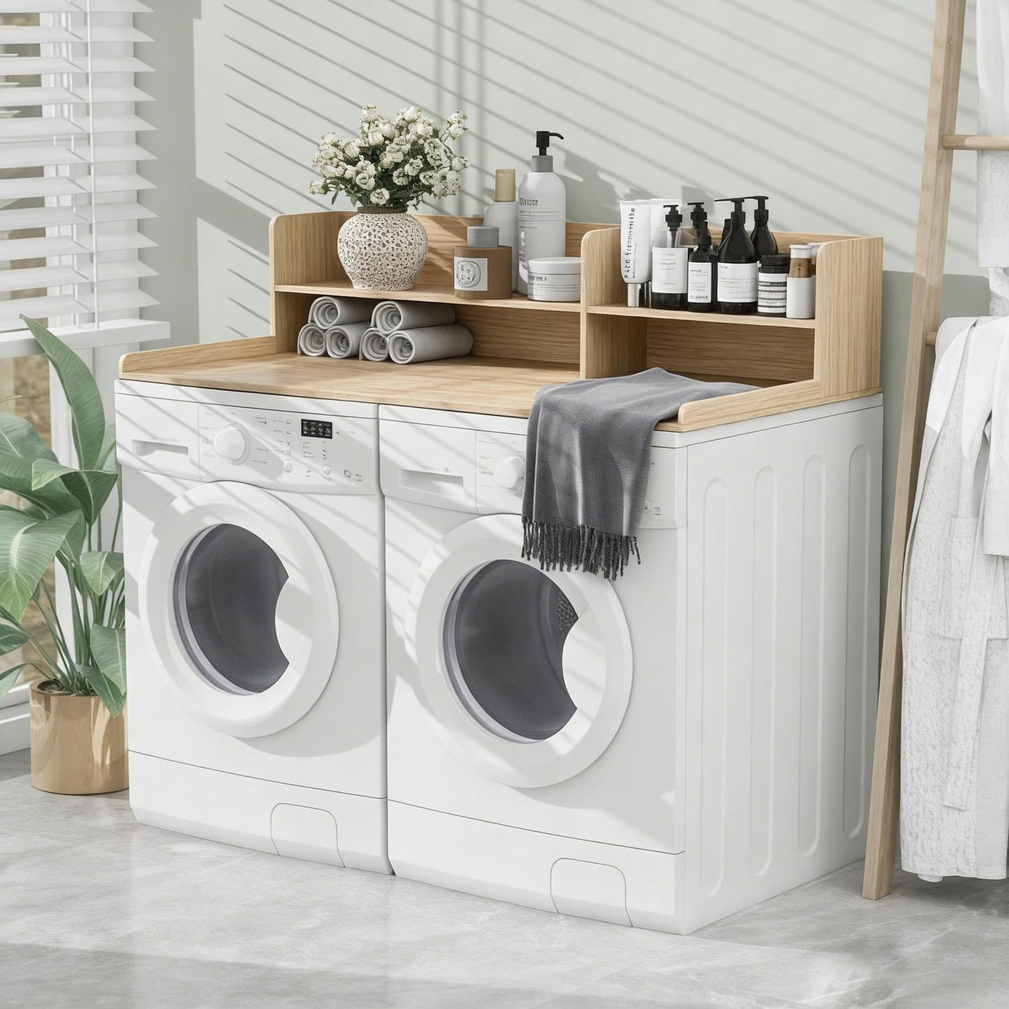 Desility Washer and Dryer Countertop, 54.7" W X 28.3" D Wooden Laundry Countertop with Adjustable Shelves, 2 Tier Washer and Dryer Topper for Laundry Room Organization, Natural