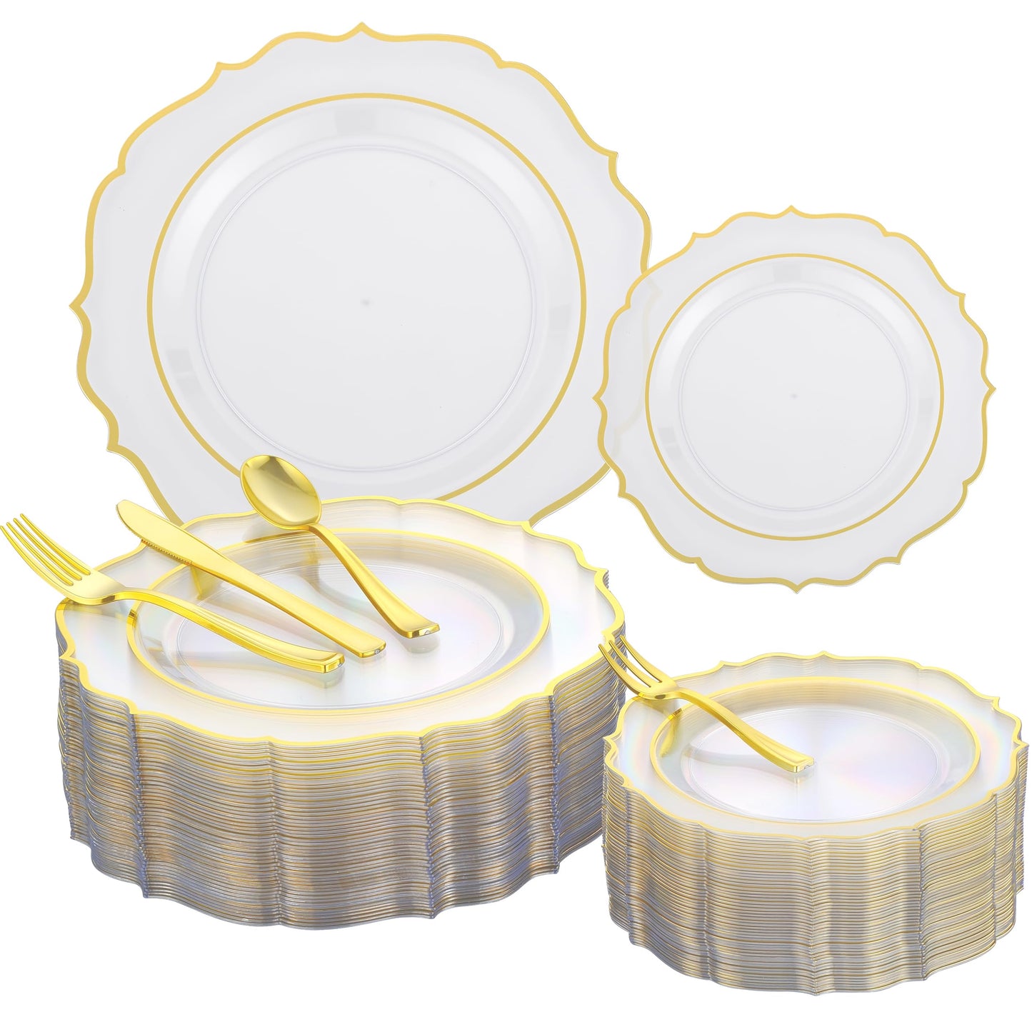 Noemie 300 PCS Premium Clear Plastic Plates, Clear Baroque Dinnerware Set for 50 Guests with Gold Trim Include 50 Dinner & 50 Dessert Plates, 200 Gold Silverware Set