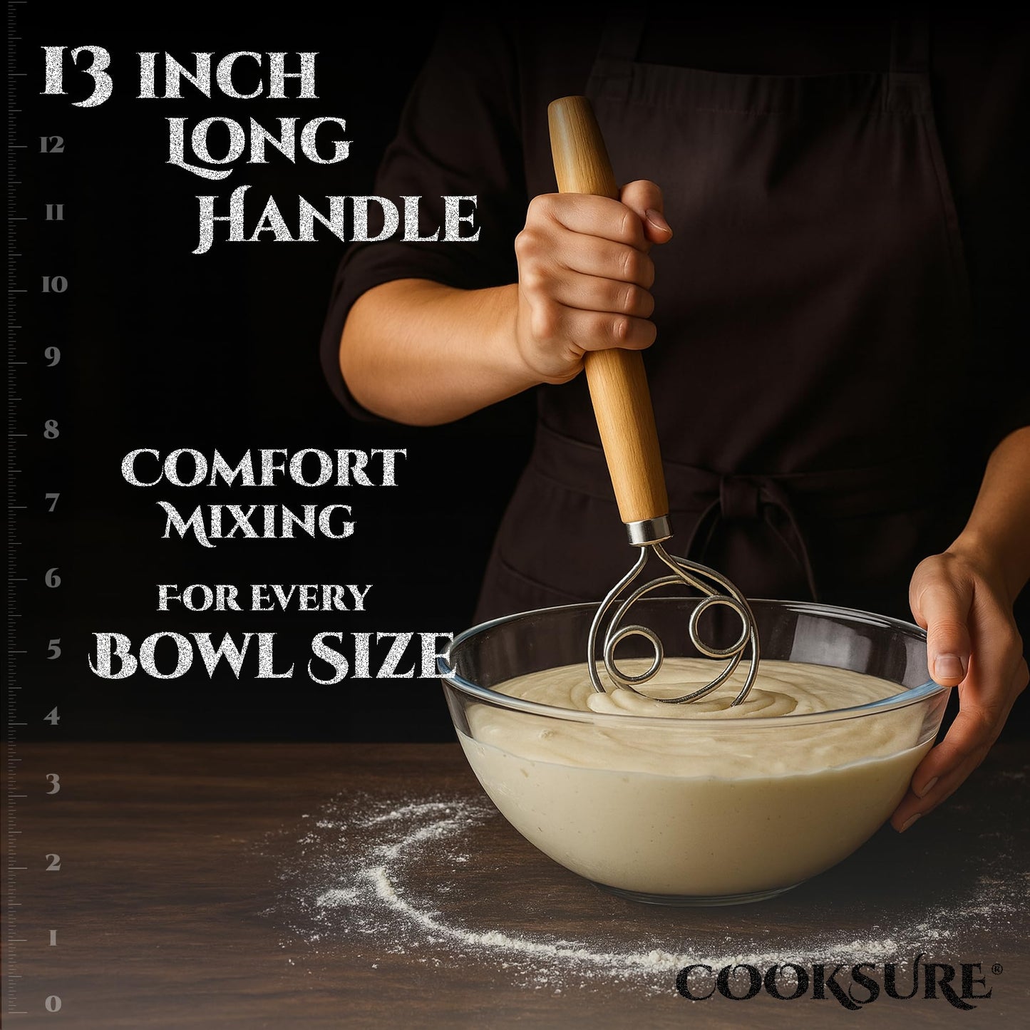 COOKSURE Danish Dough Whisk for Sourdough Bread – 13 Inch Bread Whisk with Wooden Handle – 304 Stainless Steel Hook for Heavy Dough Baking, Swedish Dough Whisk Tool