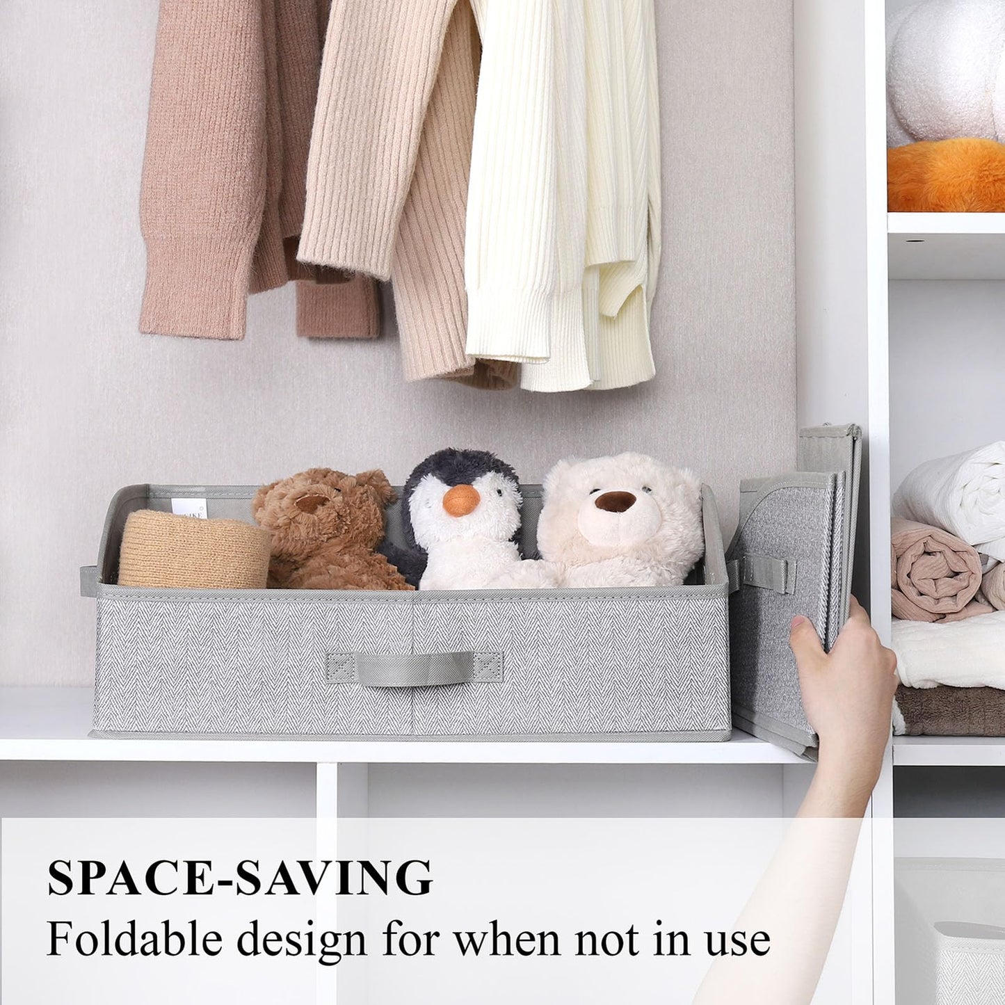 WUIKE Closet Organizers and Storage, Trapezoid Storage Bins, Fabric Closet Bins with Handles, Foldable Storage Baskets for Clothes, Purse, Blanket, Herringbone Gray, Extra Large, 3-Pack