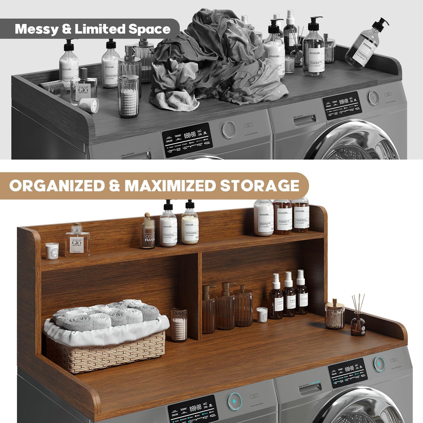 Corbyles 2-Tier Washer Dryer Countertop, 18.5" Raised Height Laundry Countertop with Edge Rails and Non-Slip Pad, 54"W x 27.55"D Washer and Dryer Topper for Laundry Room Storage Organization (Brown)