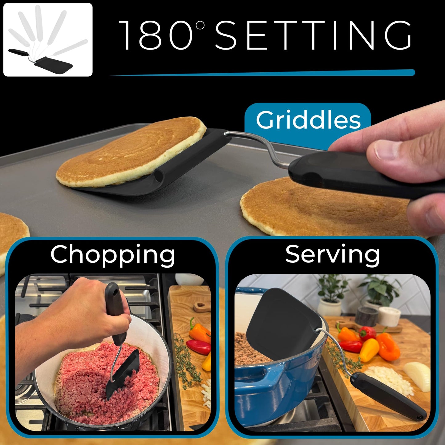 Blue Bosti Adjustable Angle Spatula - New PPSU material - Turner and Flipper for Eggs, Pancakes, Burgers - Swappable Spatula Heads - Thin, Heat Resistant - Non-Stick Cookware Safe