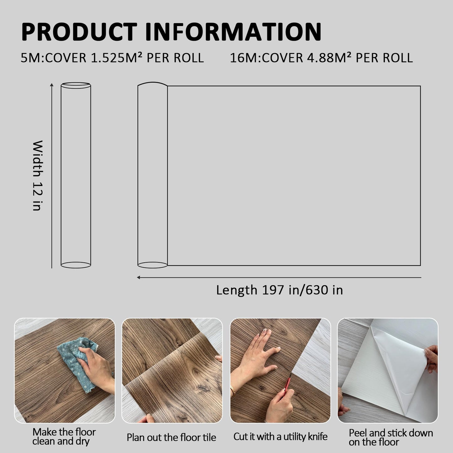 Lareko Peel and Stick Floor Tile – 197" Length 12" Width Roll - Dark Brown Self-Adhesive Vinyl Flooring Waterproof, Wide Wood Plank for Easy Installation, Bedroom, Kitchen (16 Sq.Ft