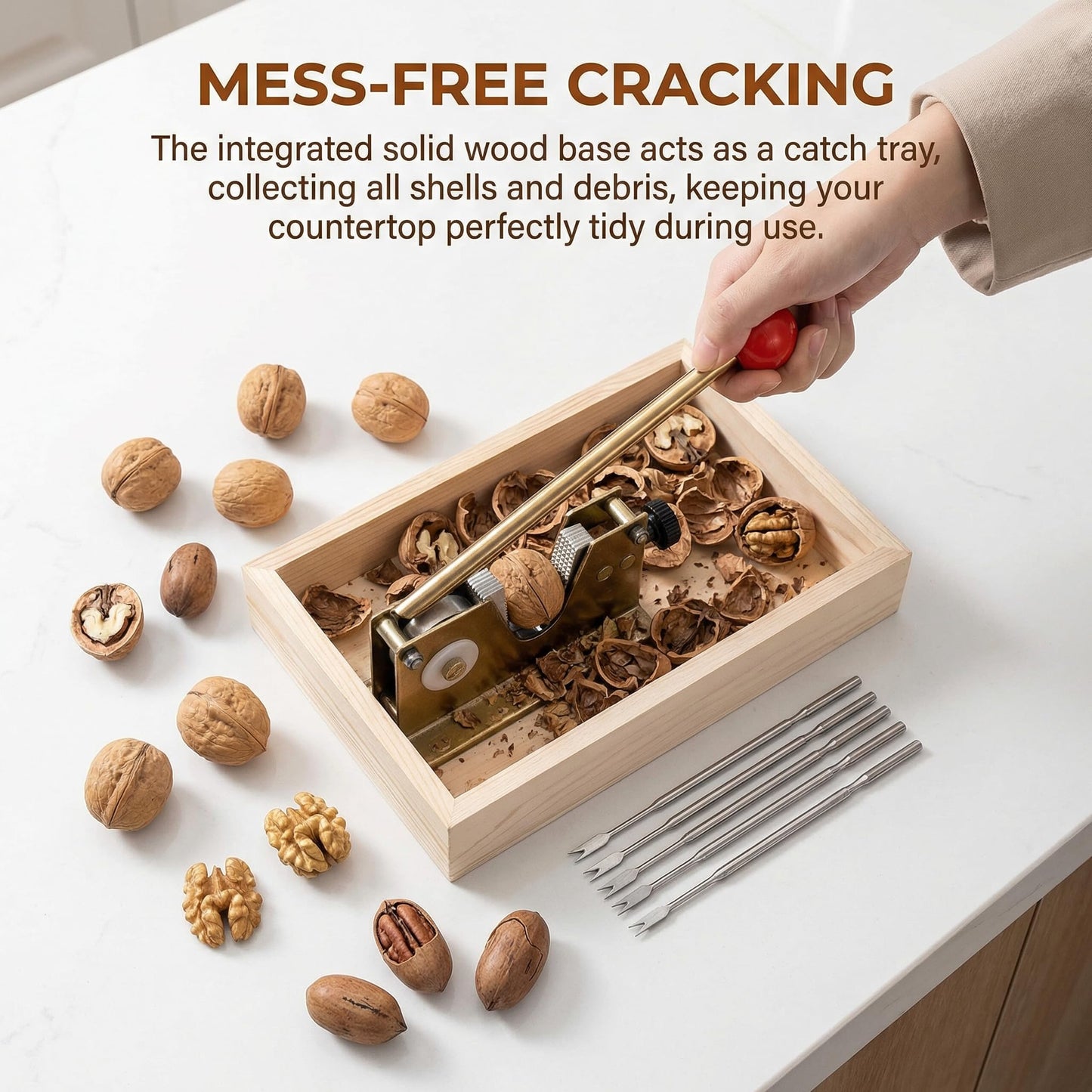 Nut Cracker Tool with Adjustable U-Groove - All-in-One Set with Wooden Storage Base & 4 Steel Picks for Pecans, Walnuts, Macadamia & More