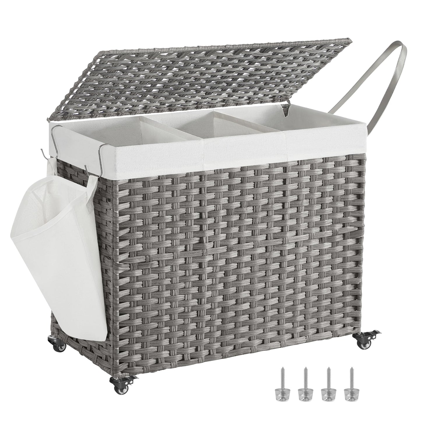SONGMICS Laundry Hamper with Lid, 42.3 Gallons (160 L), Rolling Laundry Basket with Wheels, 3-Section Synthetic Rattan, Removable Liner, Bedroom, 29.9 x 13 x 26 Inches, Gray ULCB365G01