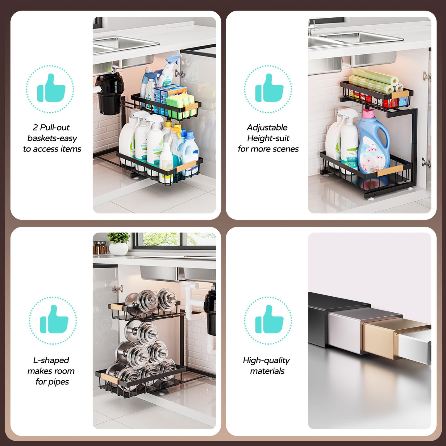 ADBIU Under Sink Organizer, 2 Pack 2 Tier Expandable Height (13.2" - 17.2") Pull Out Kitchen Bathroom Cabinet Organizers and Storage Shelf