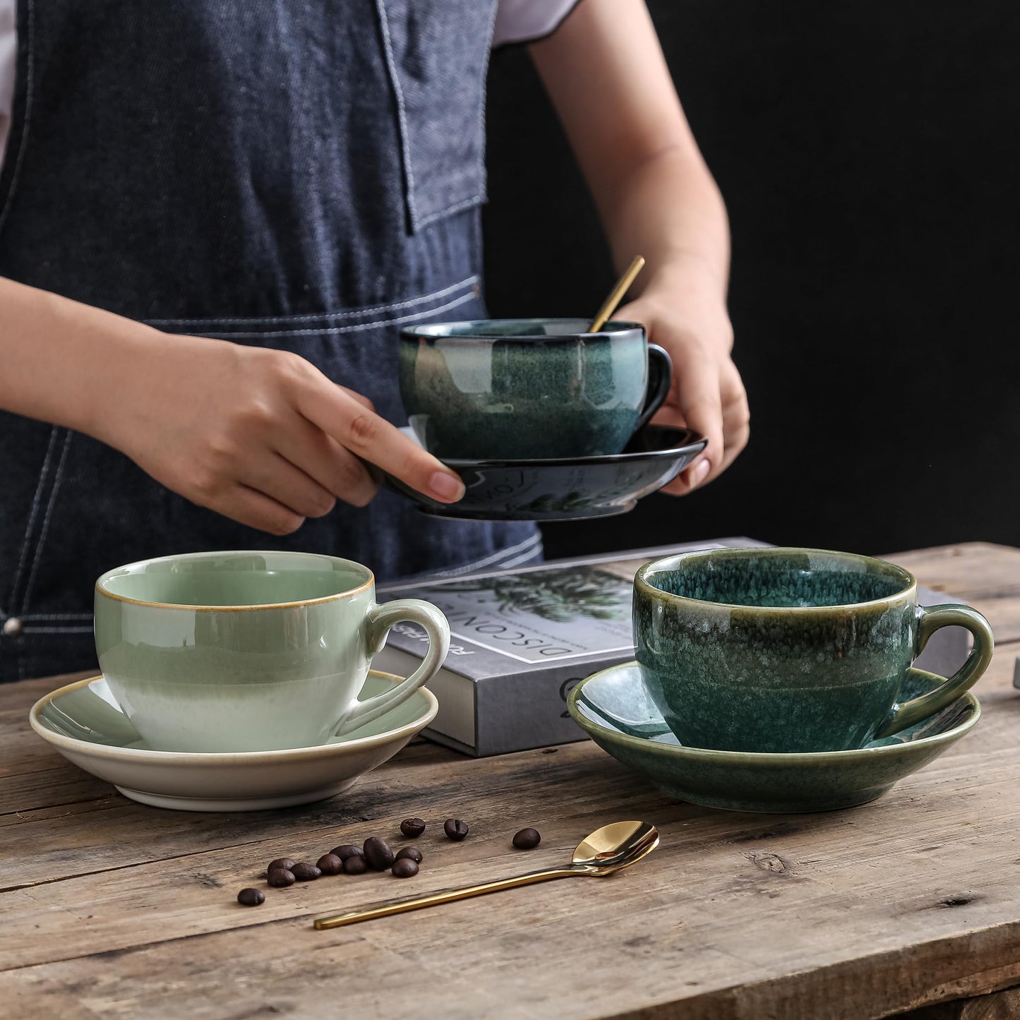 Tvvtuww Porcelain Coffee Cup with Saucer Spoon, Vintage Design Ceramic Latte Art Cappuccino Barista Espresso Tea Cup with Saucer (11.6 oz, 350ml, White Both Green)