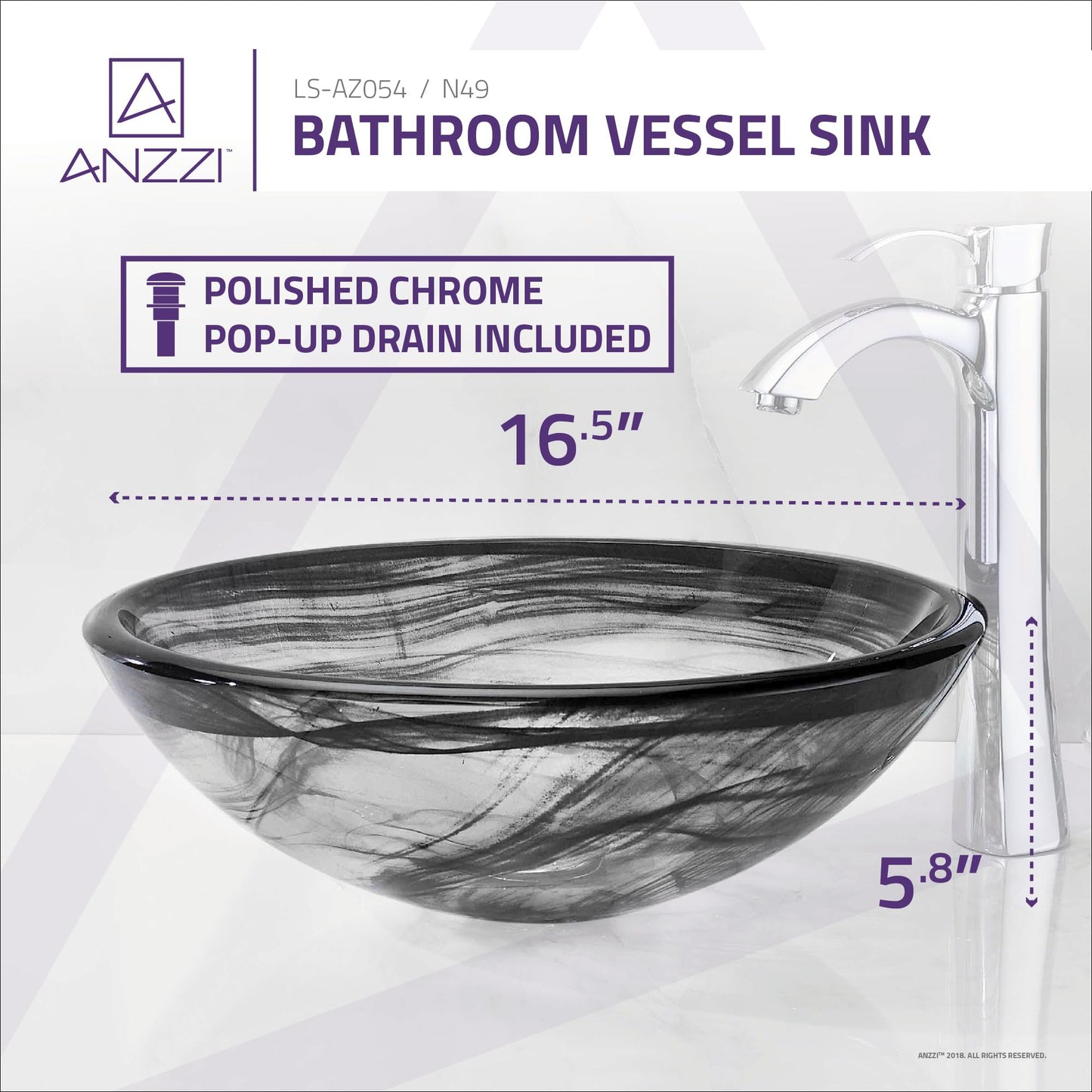 ANZZI Mezzo ModernTempered Glass Vessel Bowl Sink in Slumber Wisp | Grey Top Mount Bathroom sinks above counter | Round Vanity Countertop Sink Bowl with Pop Up Drain | LS-AZ054