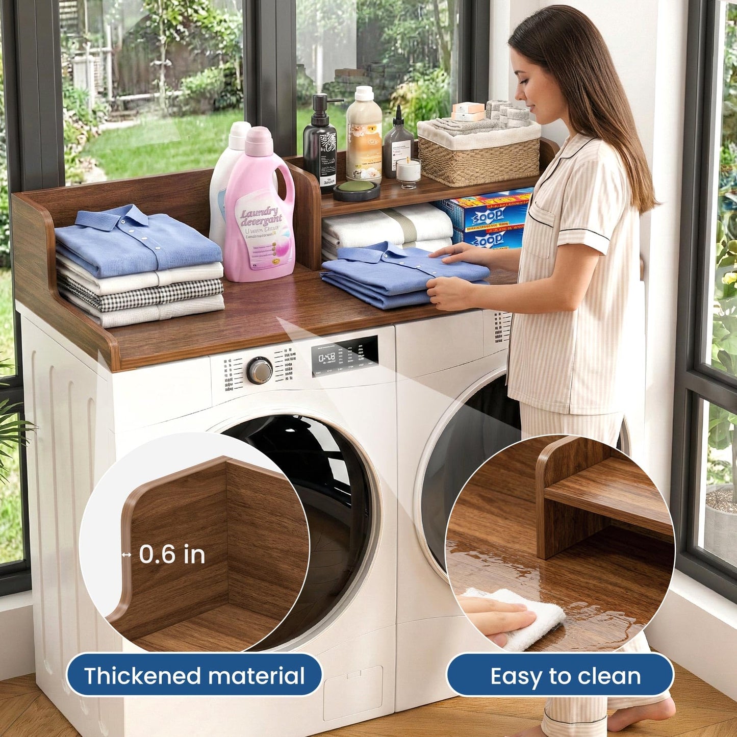 BREENHILL Washer Dryer Countertop with Open Storage Shelf & Raised Edge Guard, Laundry Room Storage Shelf Over Washer Dryer, Non-Slip Wood Organizer Topper, Walnut Finish