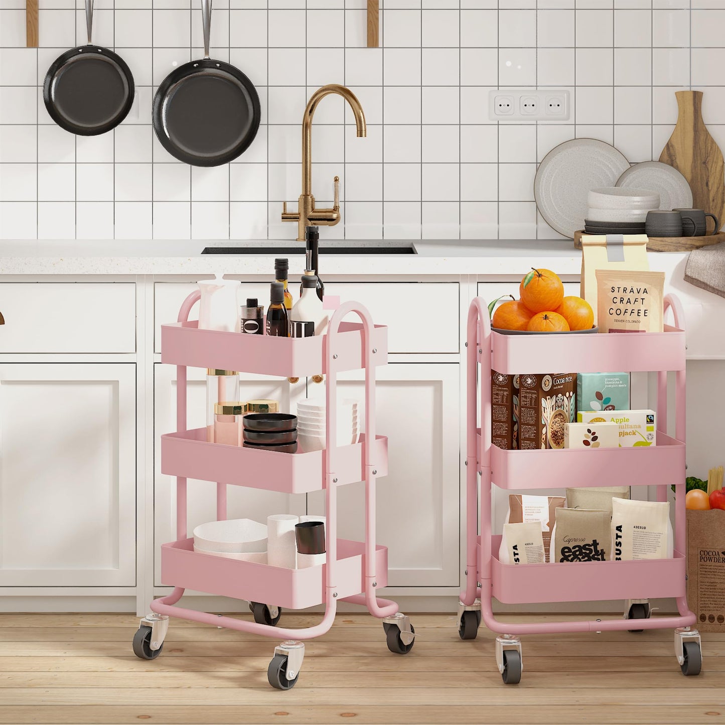 Elitehouse Metal Rolling Cart,3-Tier Pink Rolling Cart with Wheels,Metal Utility Cart with Wheels for Office,Home,Kitchen,Garden（13.4"x18.1"x31"） Pink