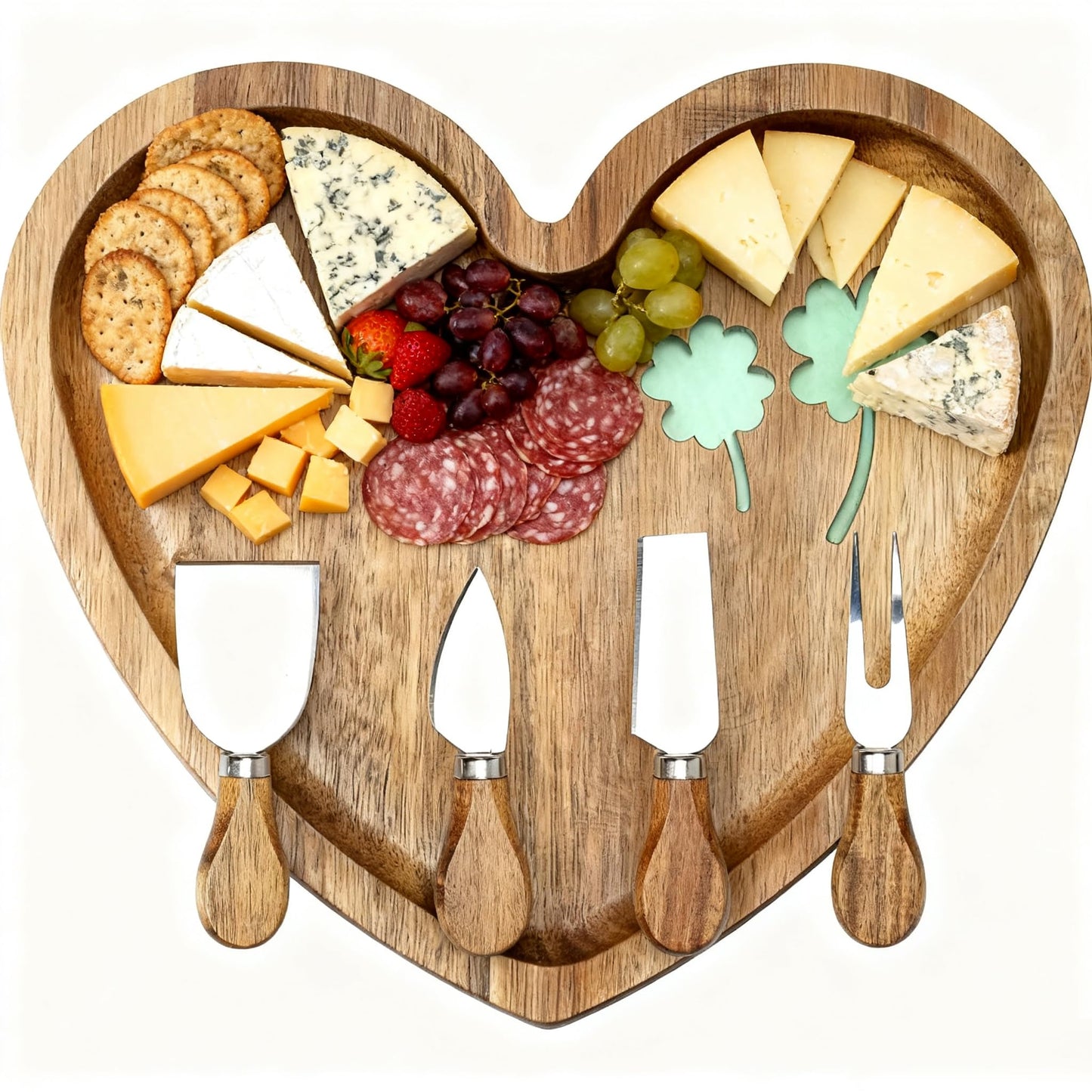 HSHQING Heart Shaped Acacia Wood Cheese Board with 4 Piece Cheese Knife Set, St. Patrick's Day Green Clover Resin Inlay Appetizer Plates Charcuterie Serving Tray for Wine and Cheese Parties