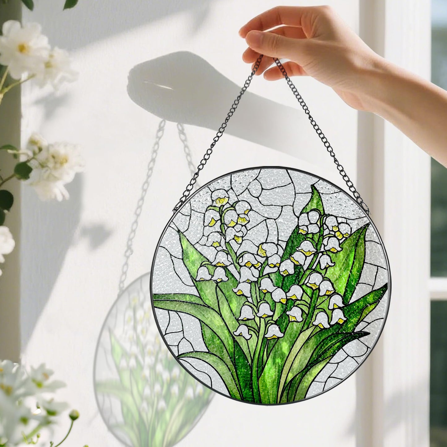 Lily of The Valley Flower Stained Glass Suncatcher, Stained Glass Window Hanging, 8 Inch Green Plants Suncatcher Decor, Gifts for Mother's Day, Mom Gift, Grandma Gift, Gifts Idea