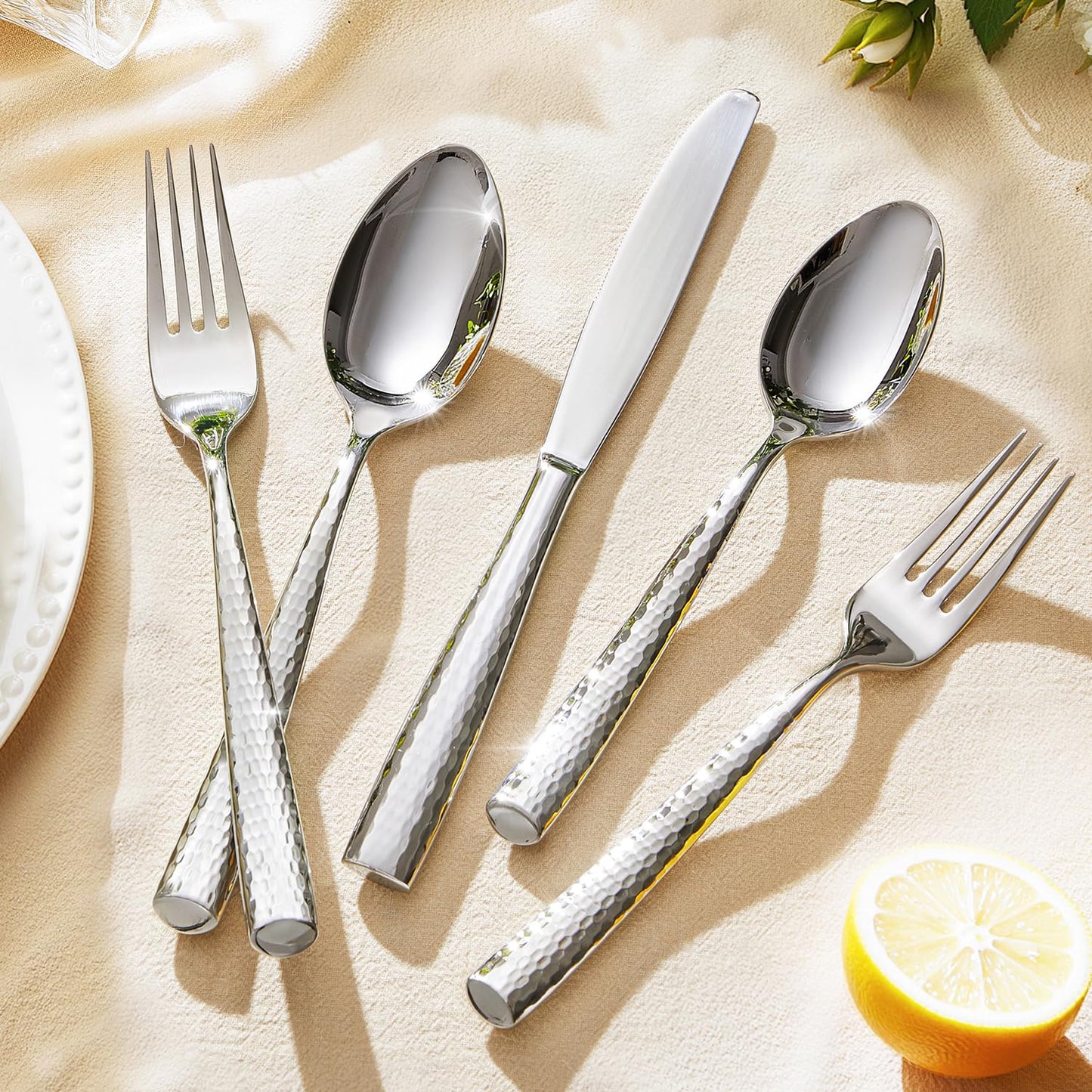 Kingstone Hammered Silverware Set, 40-Piece Flatware Set for 8, 18/10 Stainless Steel Heavy Duty Cutlery Set, Mirror Polished Utensil Sets for Home, Restaurant, Wedding, Dishwasher Safe