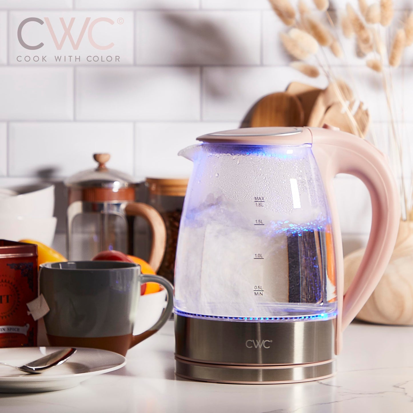 COOK WITH COLOR Electric Tea Kettle, 1.8L Cordless Hot Water Boiler, 1200W Rapid Boil, Auto Shutoff & Boil Dry Protection, BPA-Free, Sleek Countertop Design, Blush