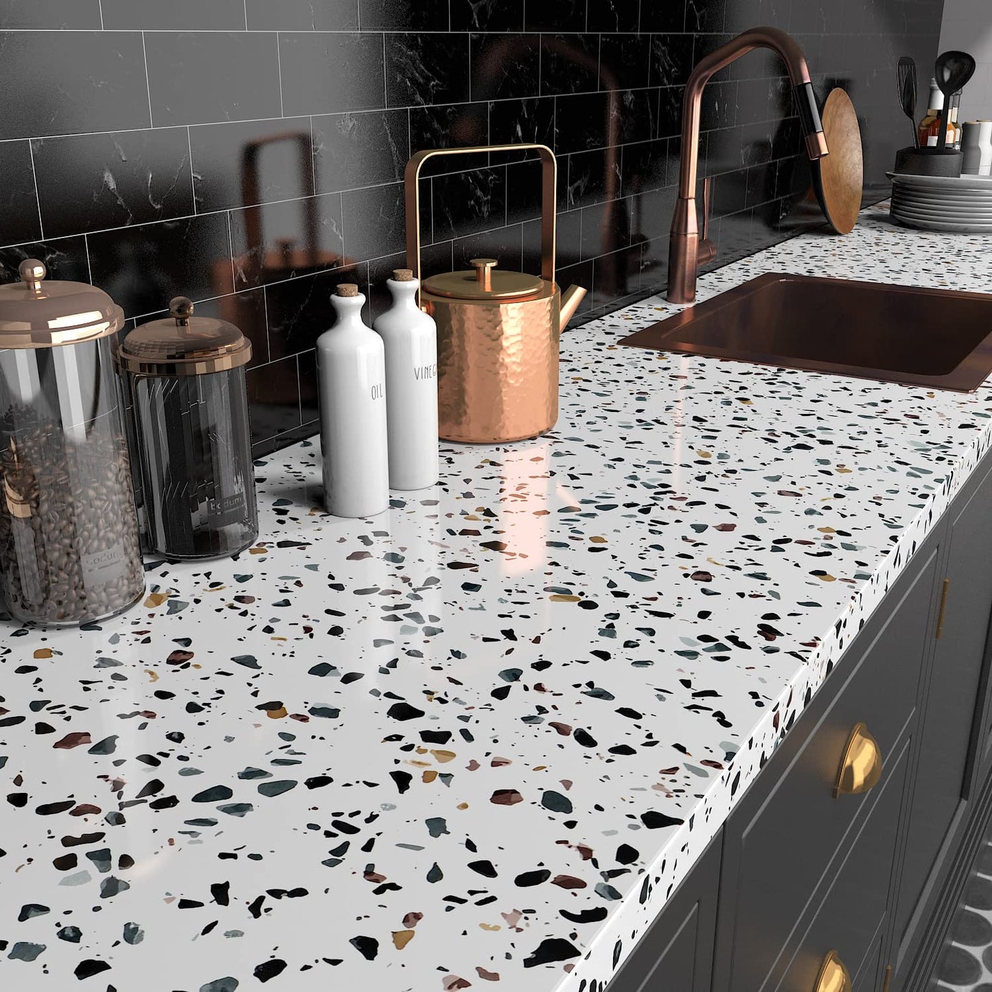 AbaBoorty 394x15.8 Inch Terrazzo Contact Paper Stick and Peel Wallpaper for Countertops White Granite Removable Wall Paper Covers Counter Top Old Furniture Waterproof