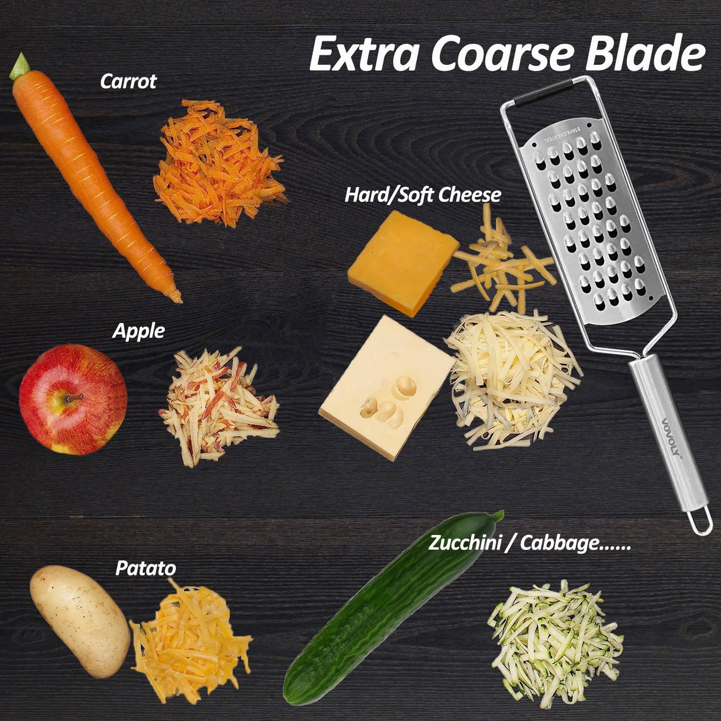 Vovoly 4-Pcs Pro Set Zester Grater Set, Cheese Grater with Razor-Sharp Stainless Steel Blade, Fine/Coarse/Extra Coarse/Slider Attachment