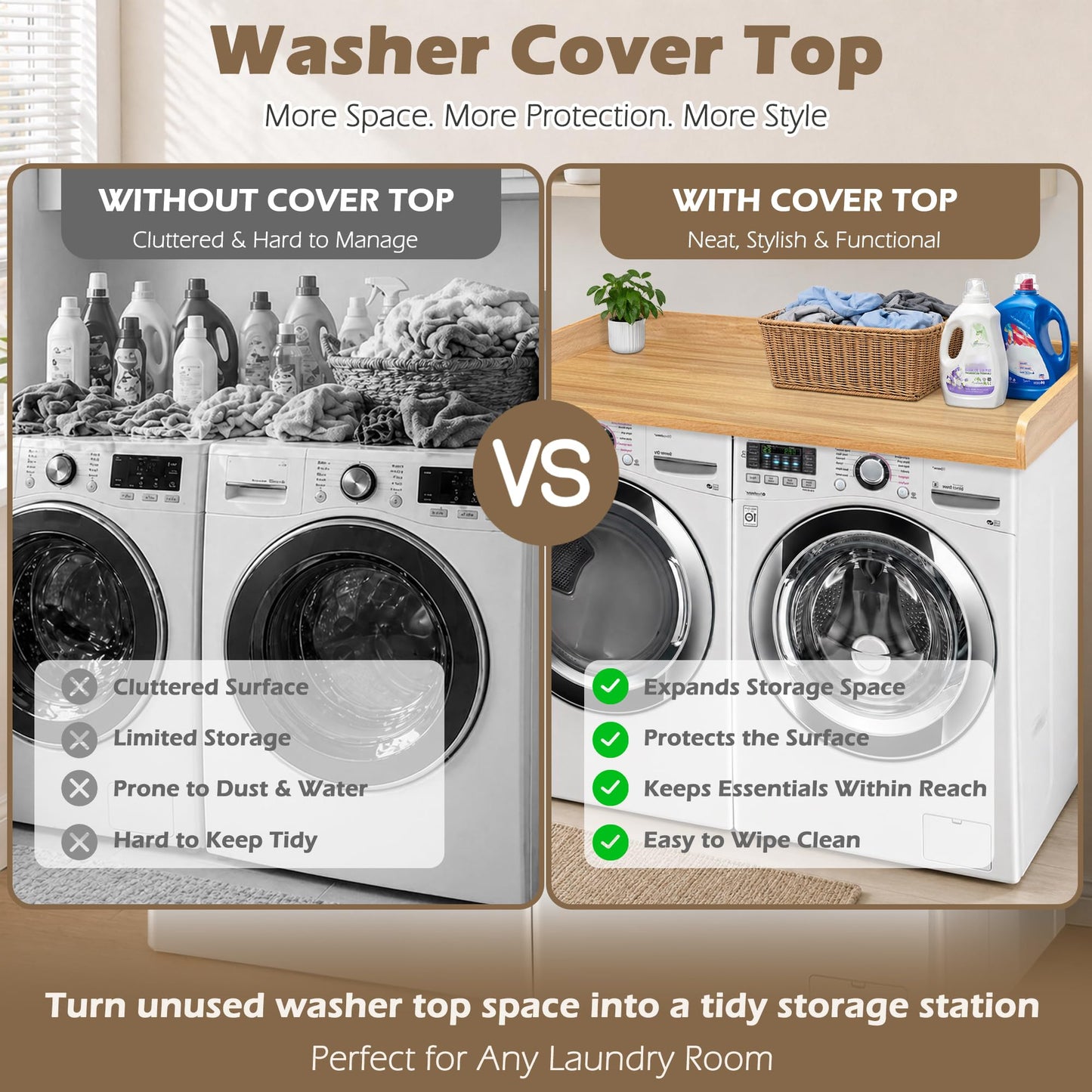 Royxen Washer Dryer Countertop with Solid Wood Core,54“W x 27.5D Laundry Countertop with Edge Rails,Washer and Dryer Topper for Laundry Room Organization (Oak)
