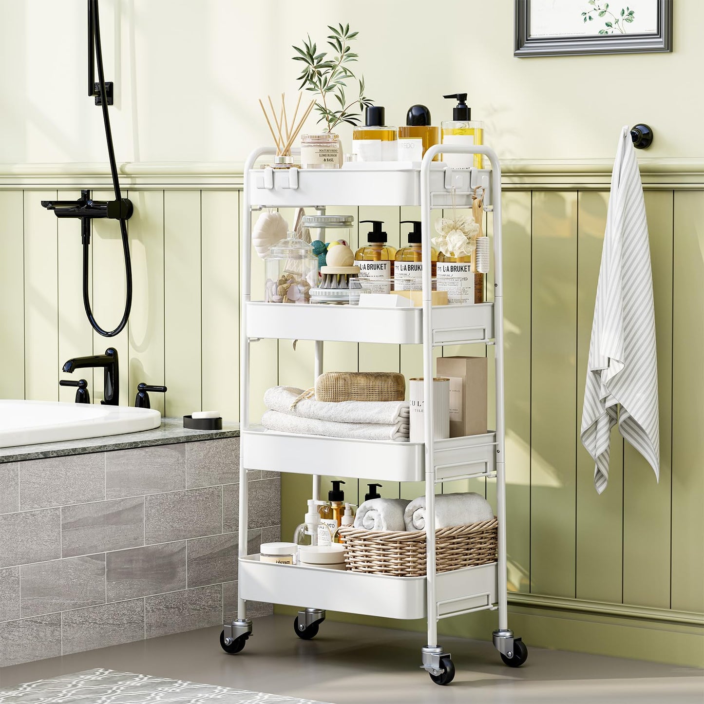 TOOLF 4-Tier Rolling Cart - Metal Storage Organizer with Lockable Wheels, 44 lbs Per Shelf Capacity, Tool-Free Assembly, for Kitchen Bathroom Office Laundry Room Nursery, White